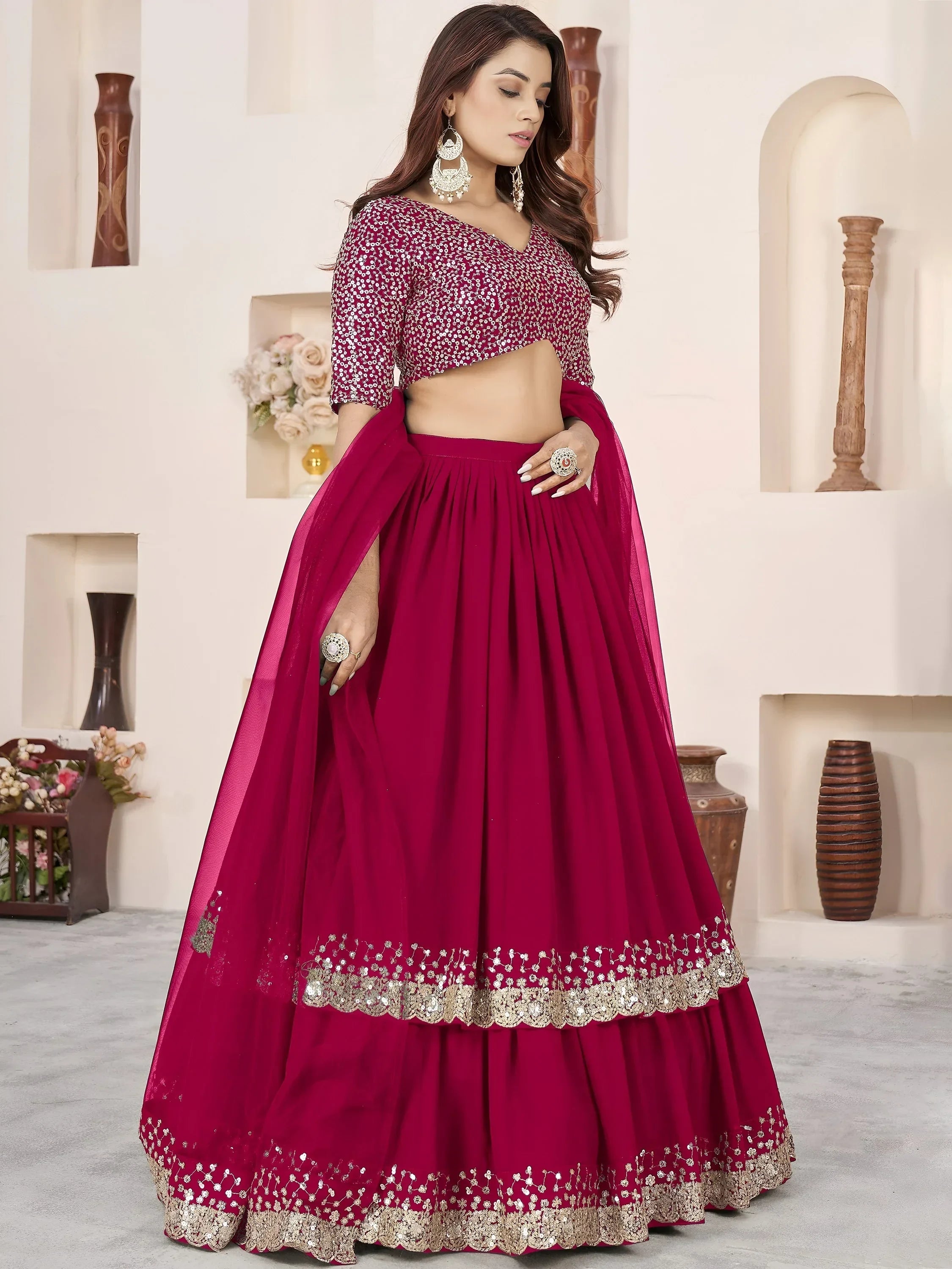 Pink Amazing Sequins Georgette Reception Wear Lehenga Choli