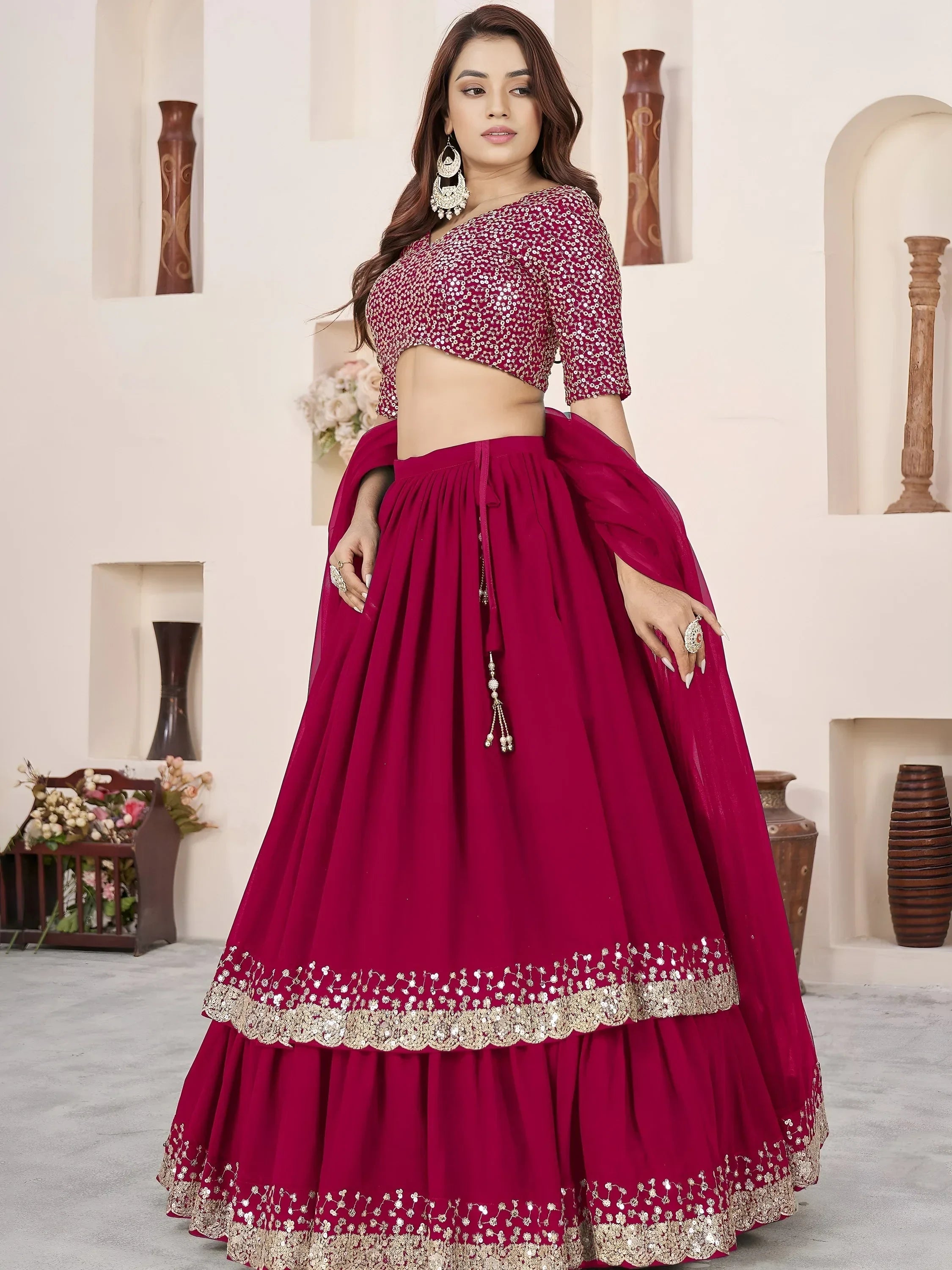 Pink Amazing Sequins Georgette Reception Wear Lehenga Choli