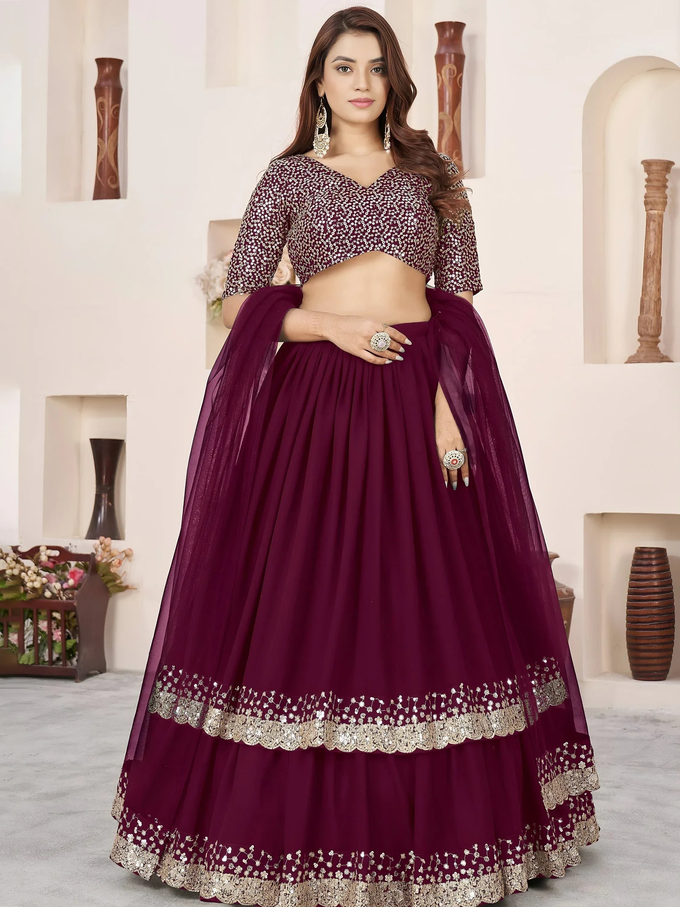 Purple Amazing Sequins Georgette Reception Wear Lehenga Choli
