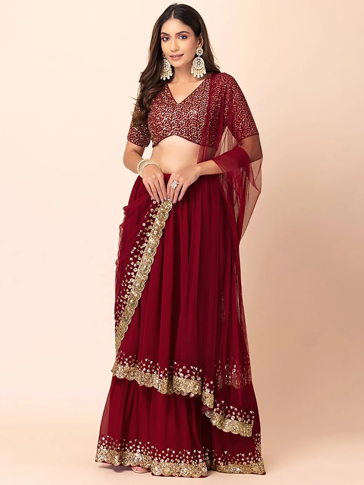 Maroon Amazing Sequins Georgette Reception Wear Lehenga Choli