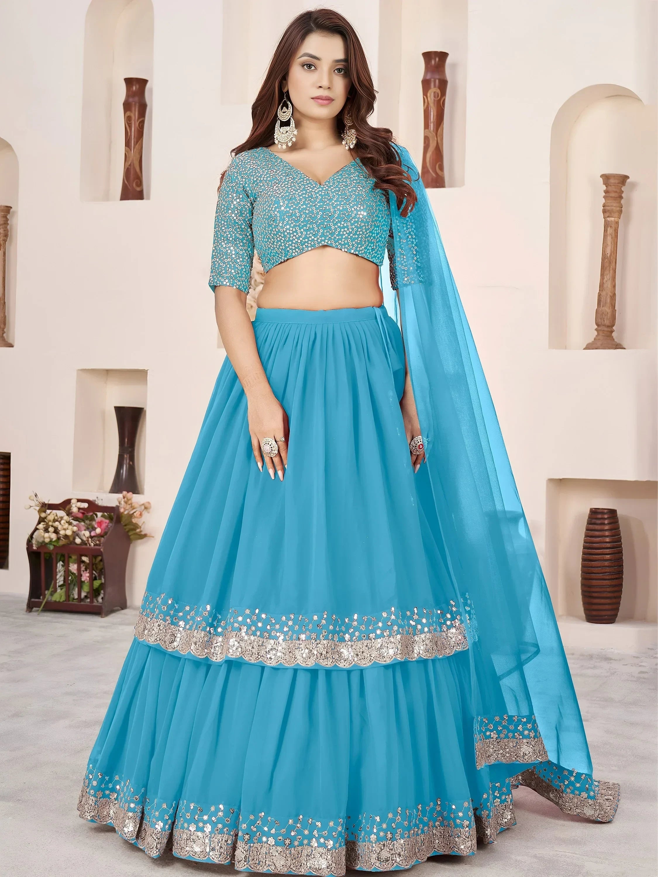 Sky Blue Amazing Sequins Georgette Reception Wear Lehenga Choli