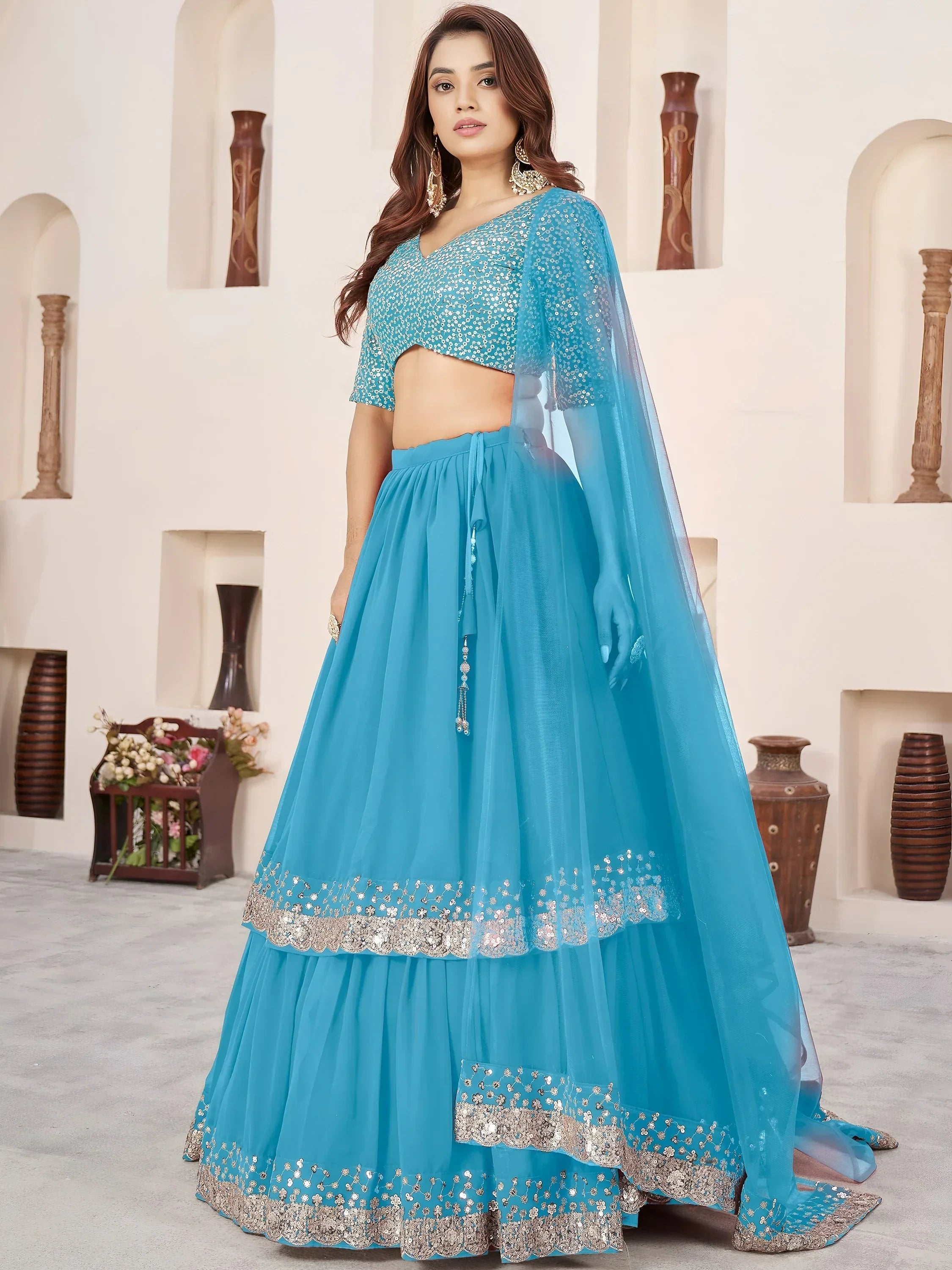 Sky Blue Amazing Sequins Georgette Reception Wear Lehenga Choli