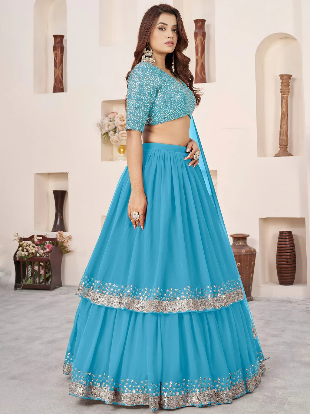 Sky Blue Amazing Sequins Georgette Reception Wear Lehenga Choli
