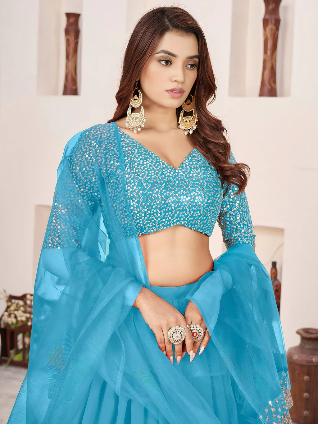 Sky Blue Amazing Sequins Georgette Reception Wear Lehenga Choli