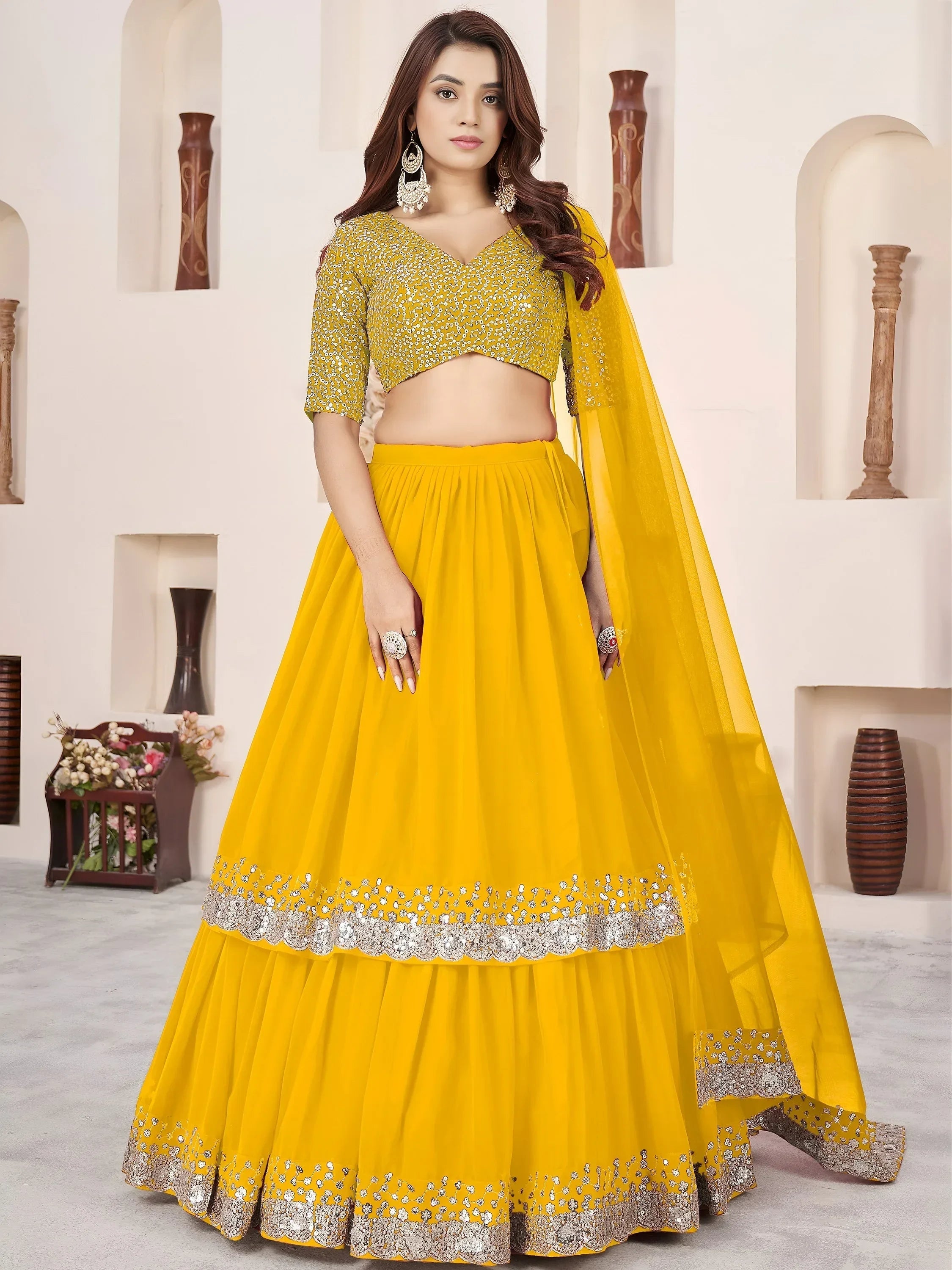 Yellow Amazing Sequins Georgette Reception Wear Lehenga Choli