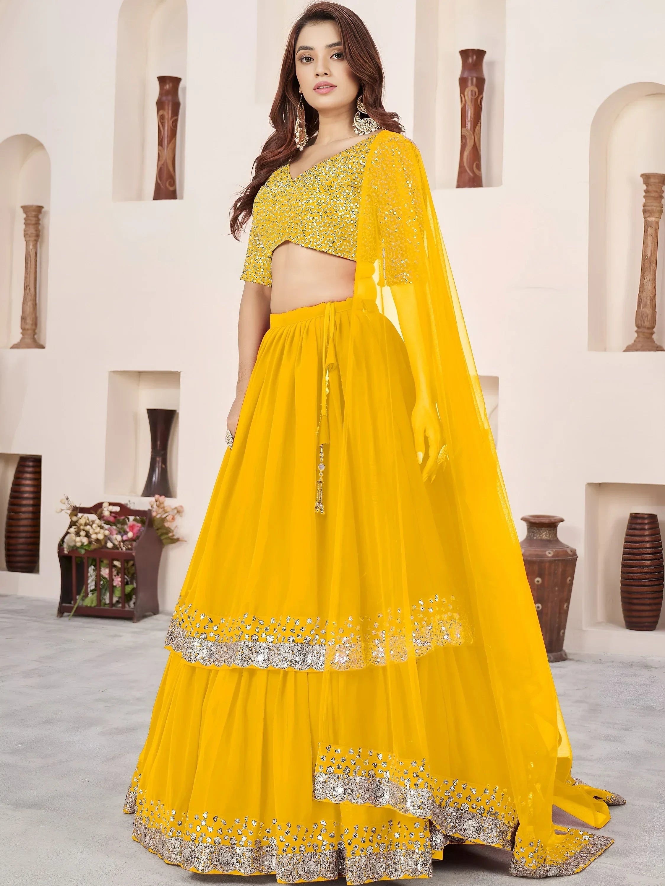 Yellow Amazing Sequins Georgette Reception Wear Lehenga Choli