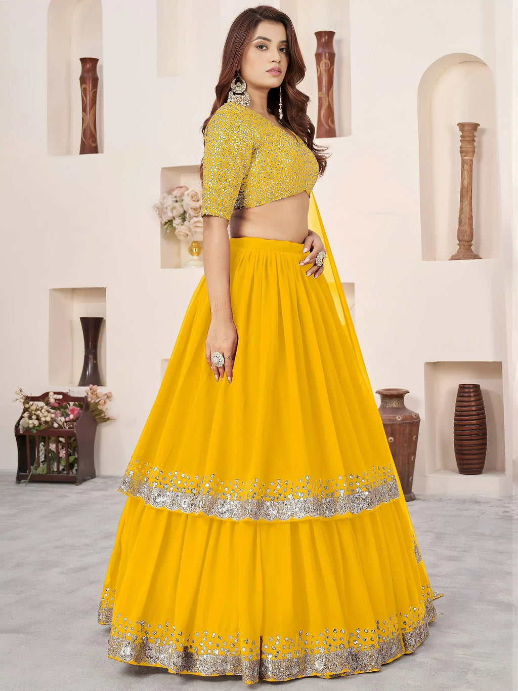 Yellow Amazing Sequins Georgette Reception Wear Lehenga Choli