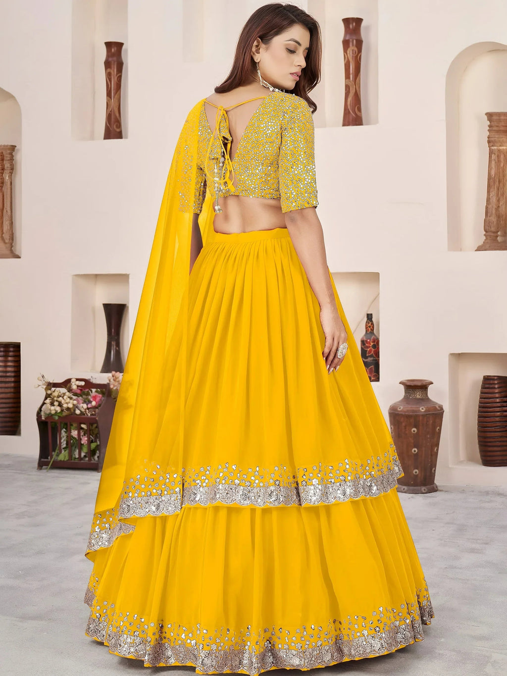 Yellow Amazing Sequins Georgette Reception Wear Lehenga Choli