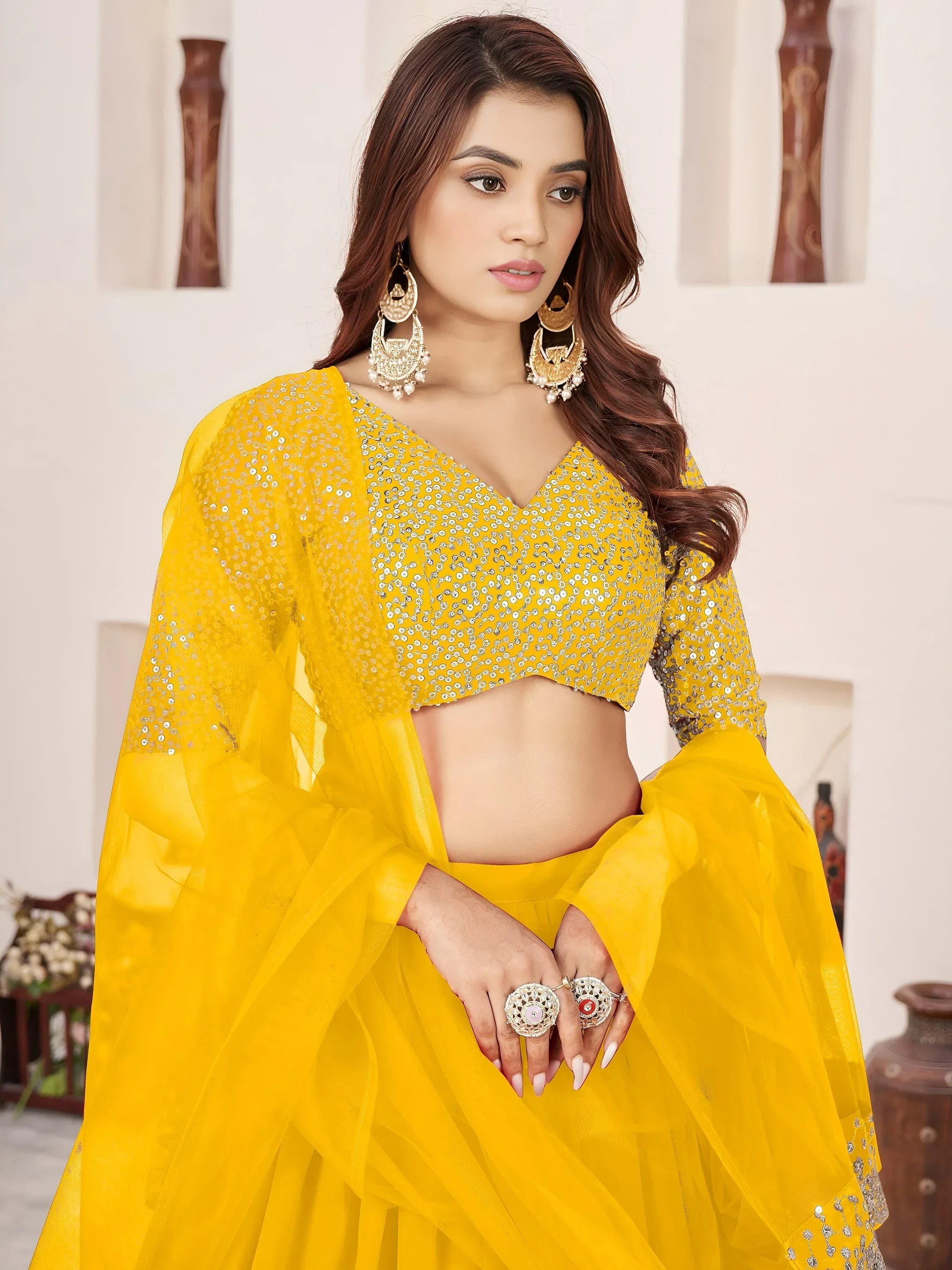 Yellow Amazing Sequins Georgette Reception Wear Lehenga Choli