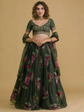 Green Beautiful Floral Printed Organza Lehenga Choli With Dupatta