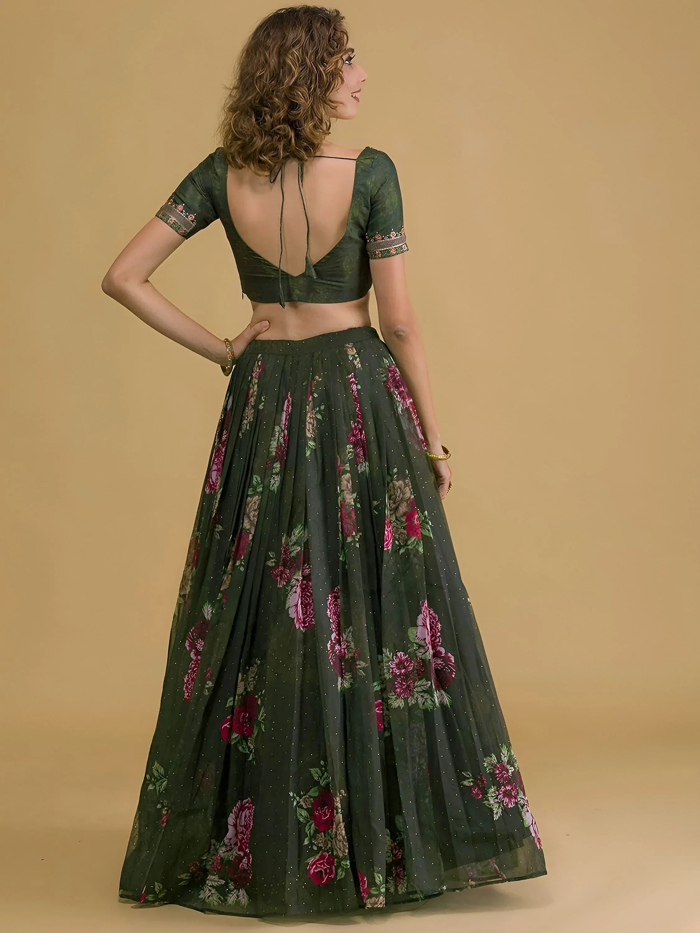 Green Beautiful Floral Printed Organza Lehenga Choli With Dupatta