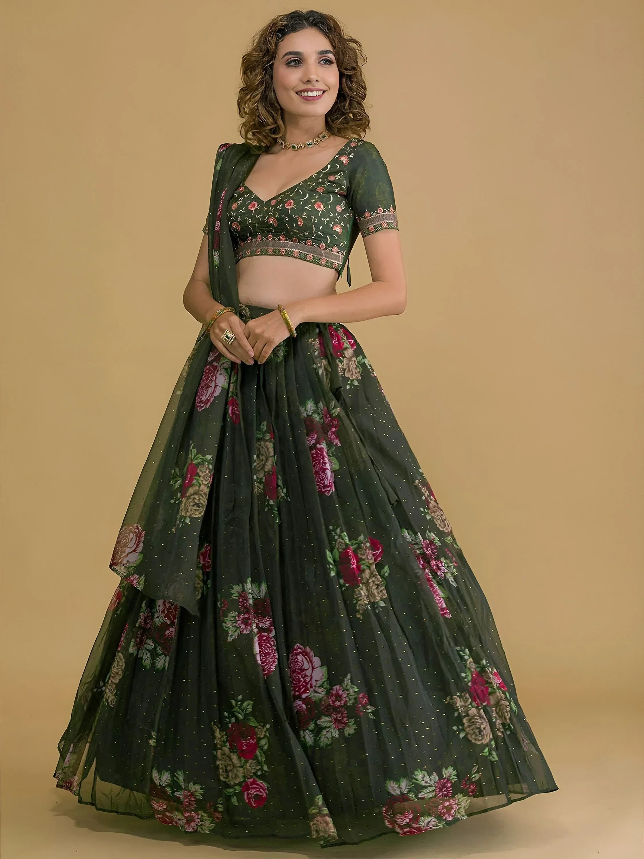 Green Beautiful Floral Printed Organza Lehenga Choli With Dupatta