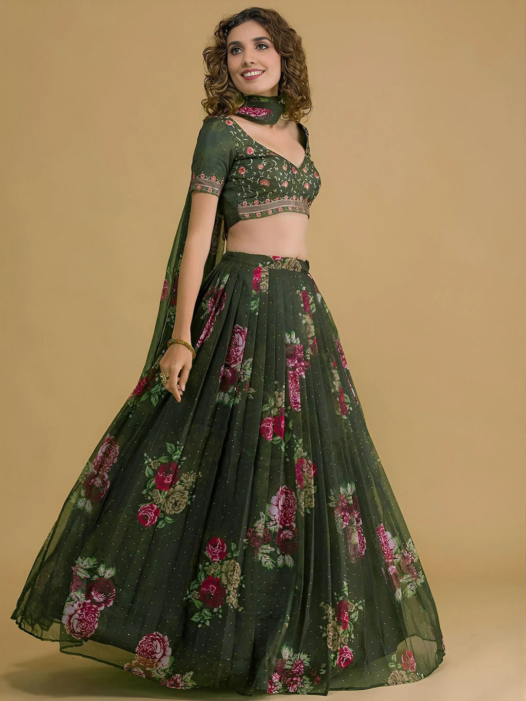 Green Beautiful Floral Printed Organza Lehenga Choli With Dupatta