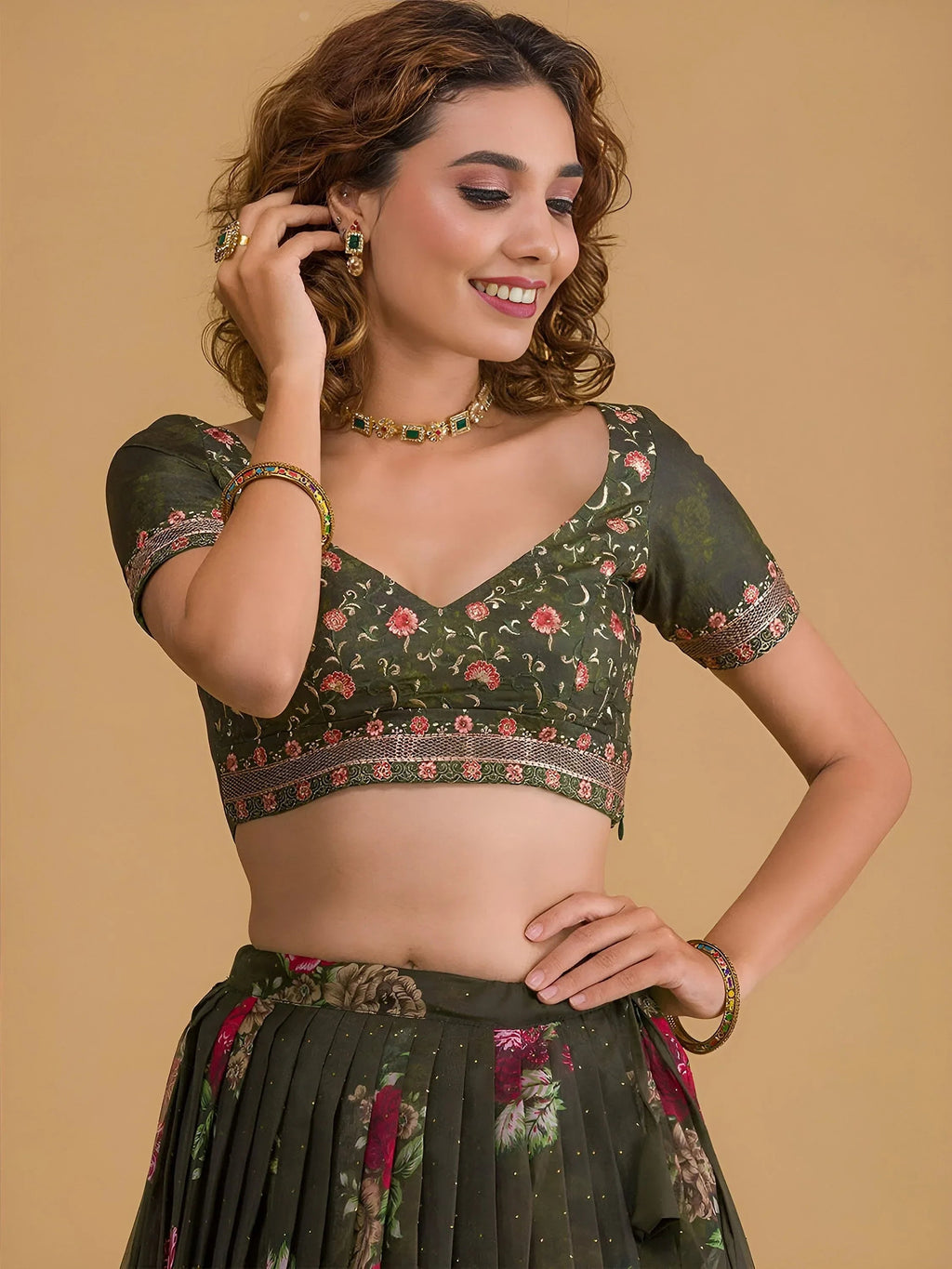 Green Beautiful Floral Printed Organza Lehenga Choli With Dupatta