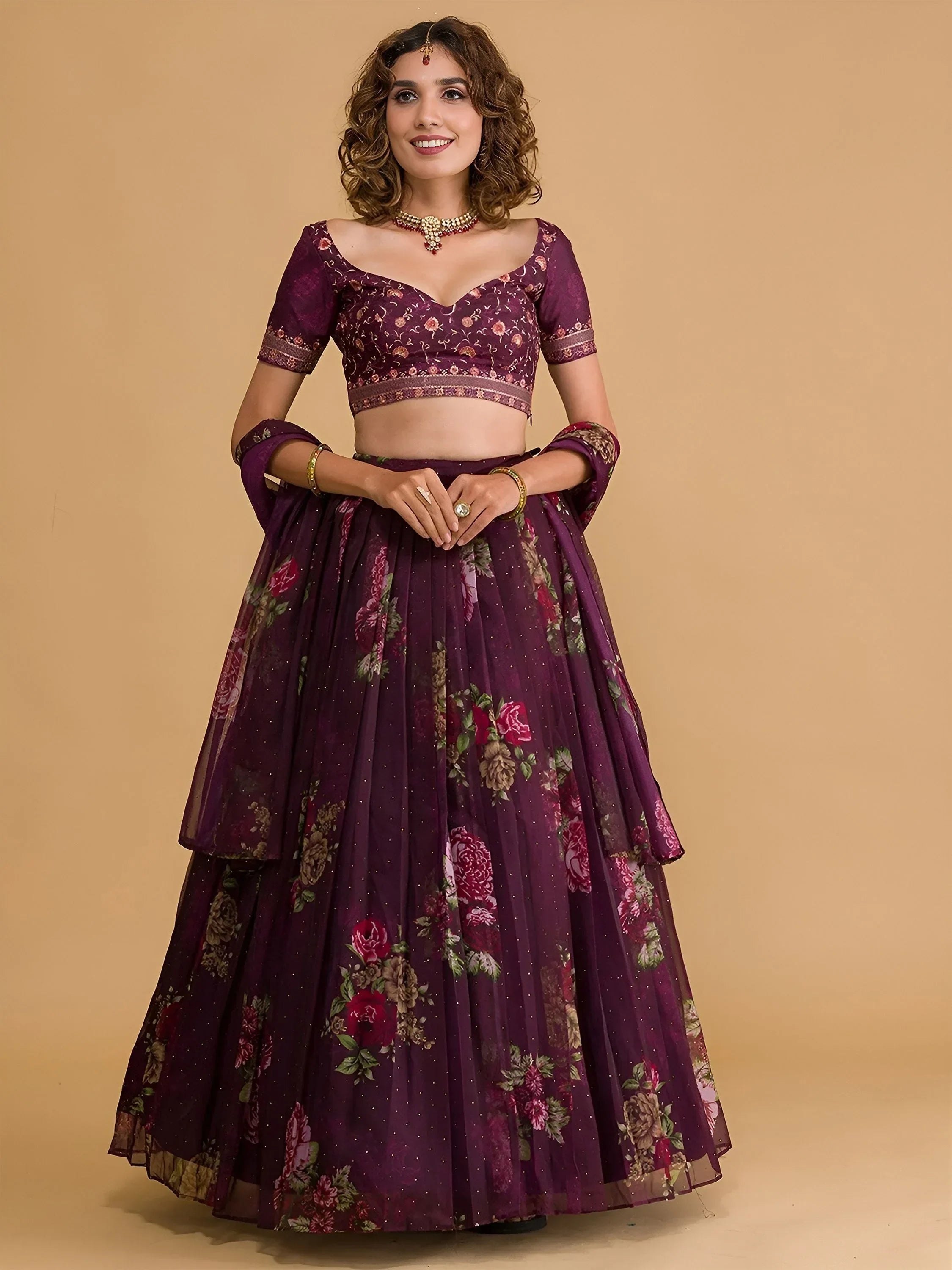 Wine Beautiful Floral Printed Organza Lehenga Choli With Dupatta