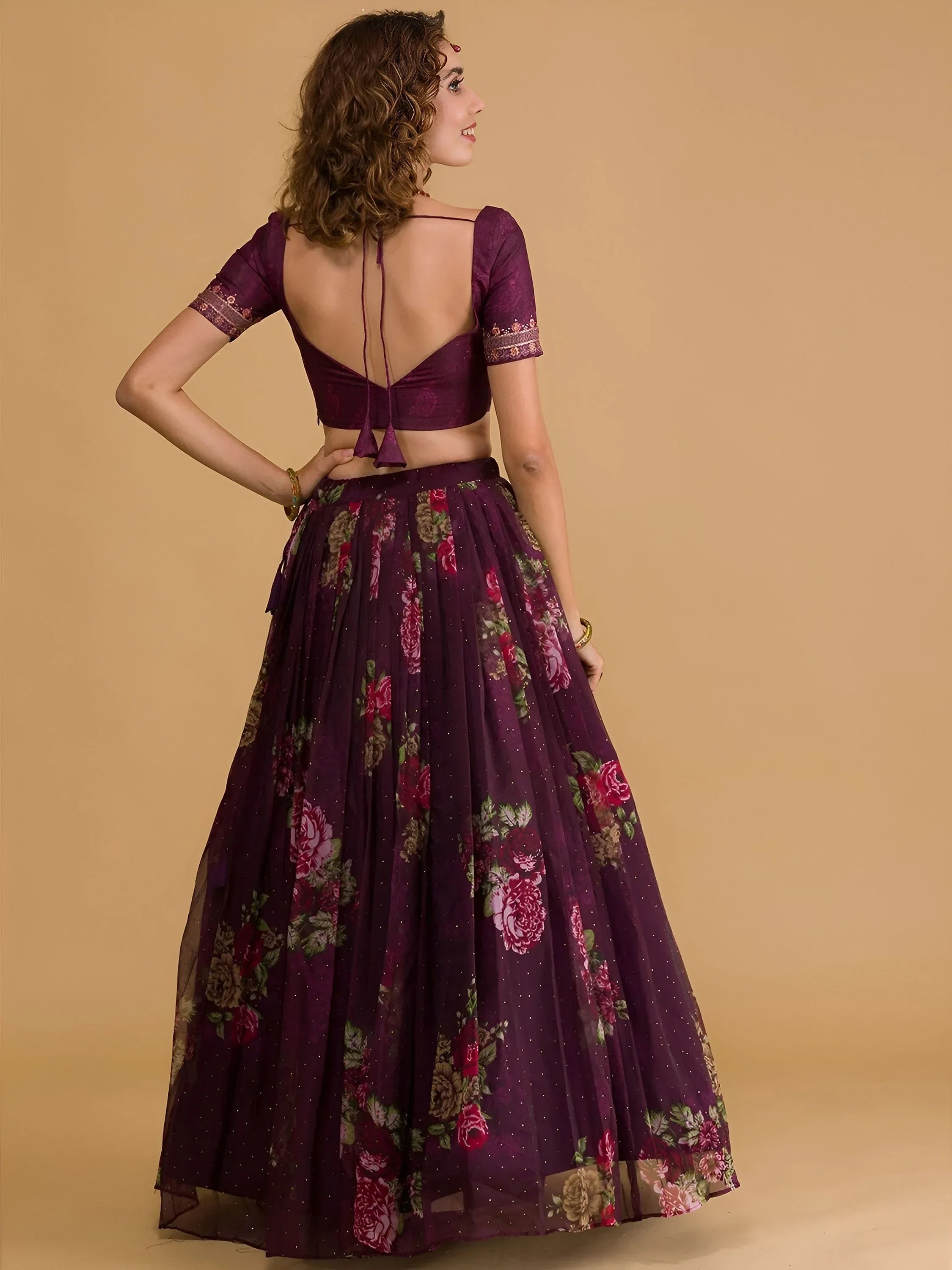 Wine Beautiful Floral Printed Organza Lehenga Choli With Dupatta
