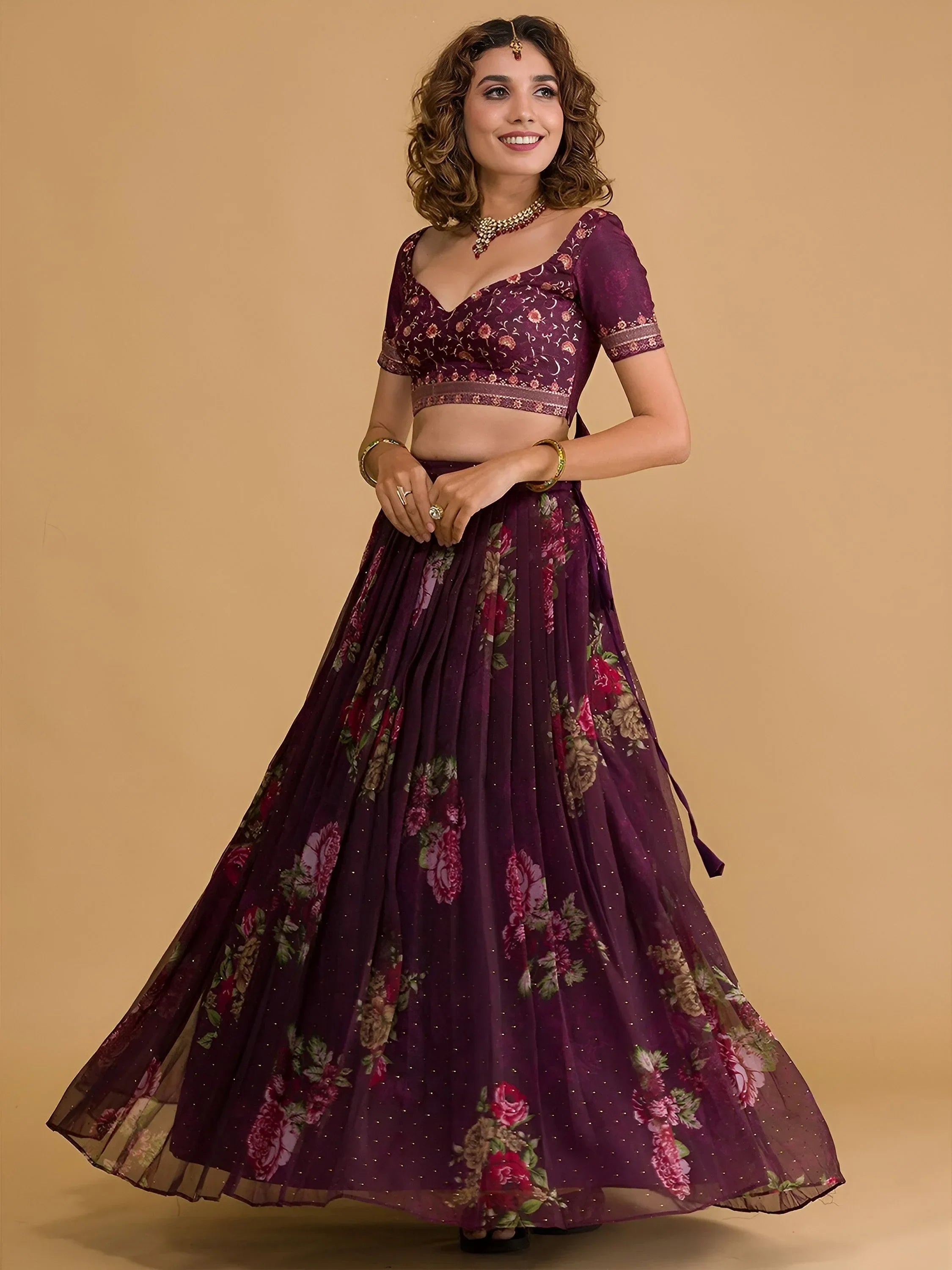 Wine Beautiful Floral Printed Organza Lehenga Choli With Dupatta