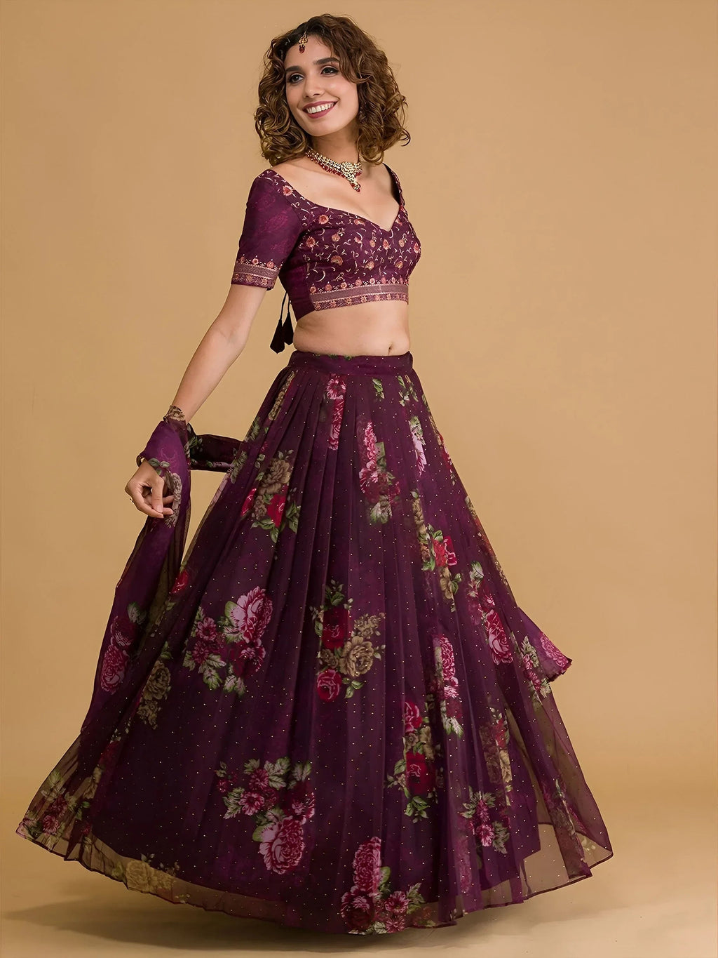 Wine Beautiful Floral Printed Organza Lehenga Choli With Dupatta