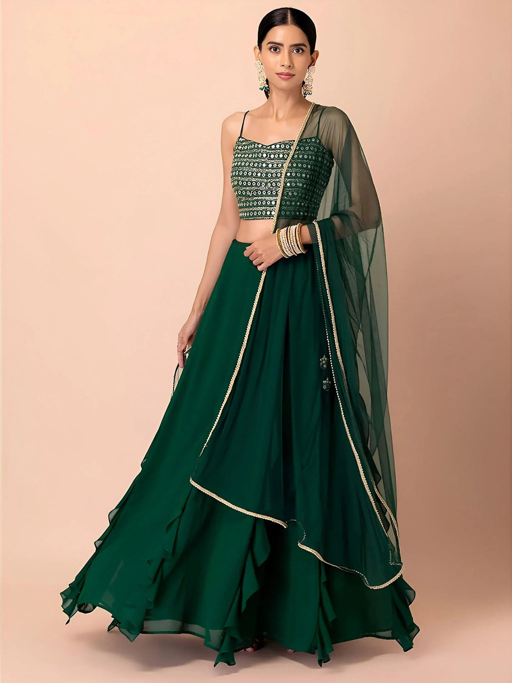 Green Beautiful Georgette Mehendi Wear Lehenga With Sequins Choli