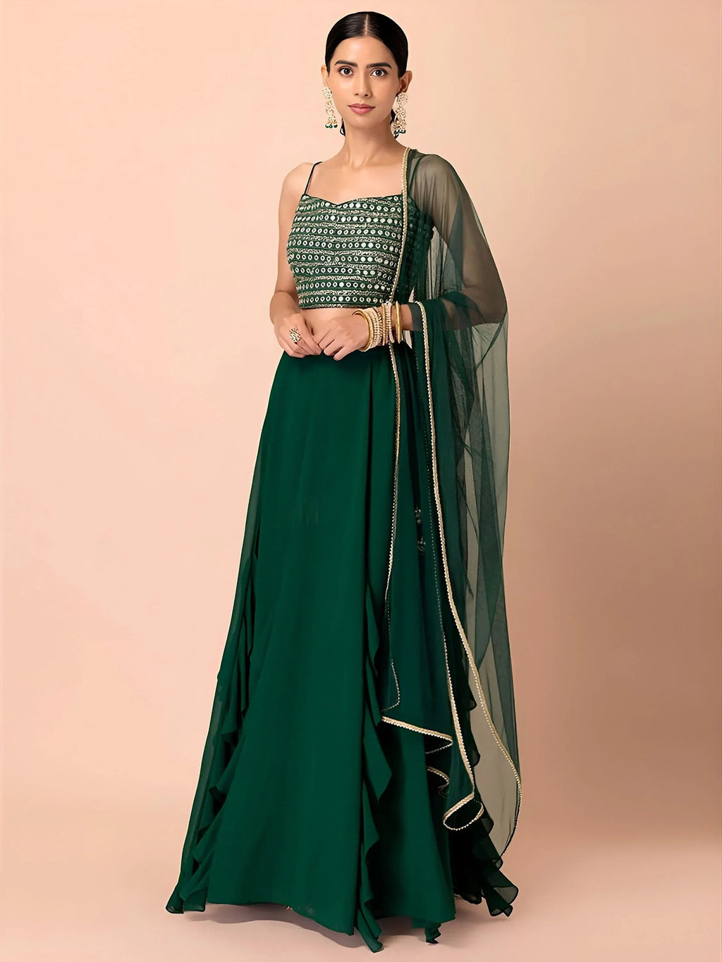 Green Beautiful Georgette Mehendi Wear Lehenga With Sequins Choli