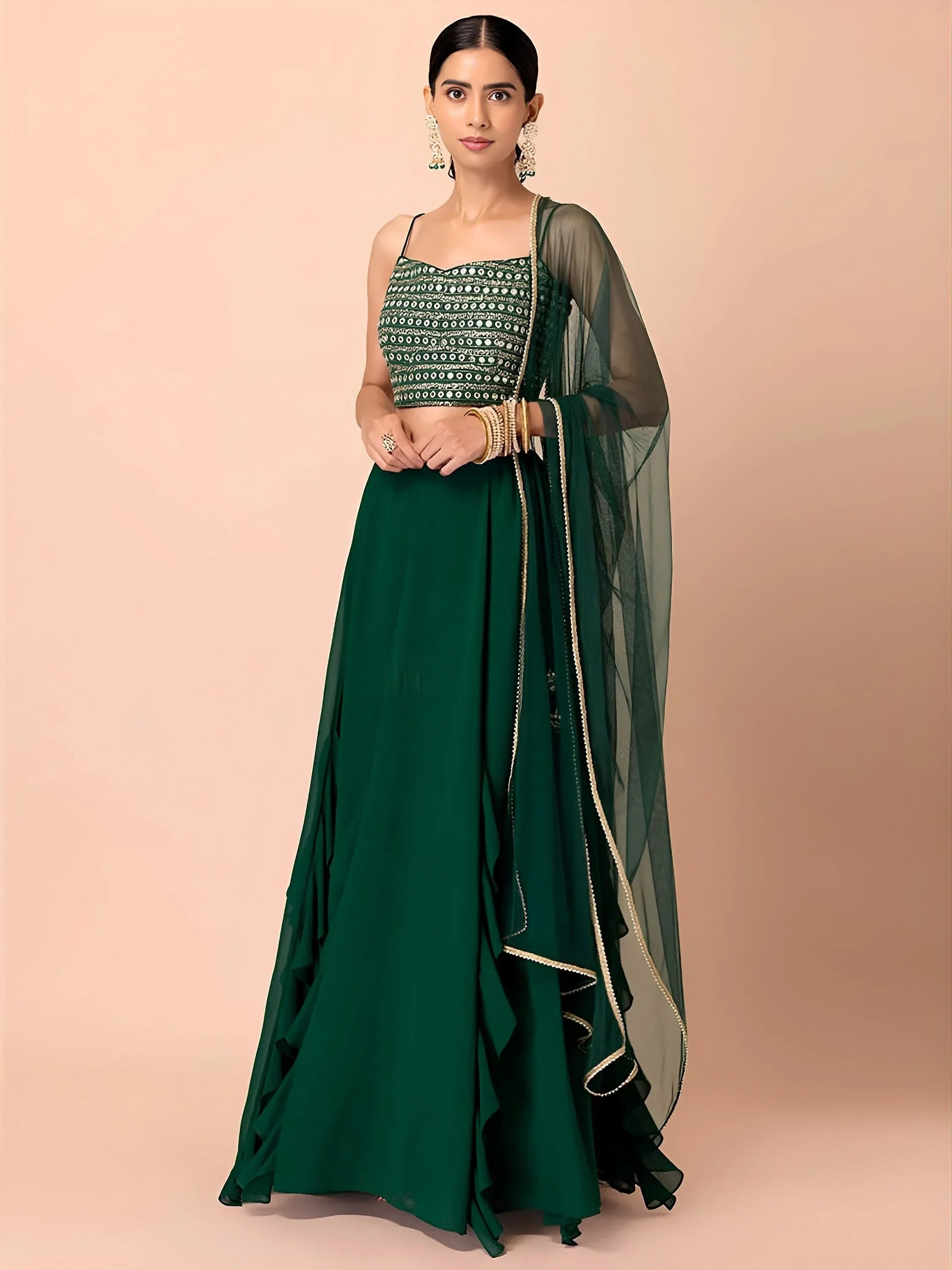 Green Beautiful Georgette Mehendi Wear Lehenga With Sequins Choli