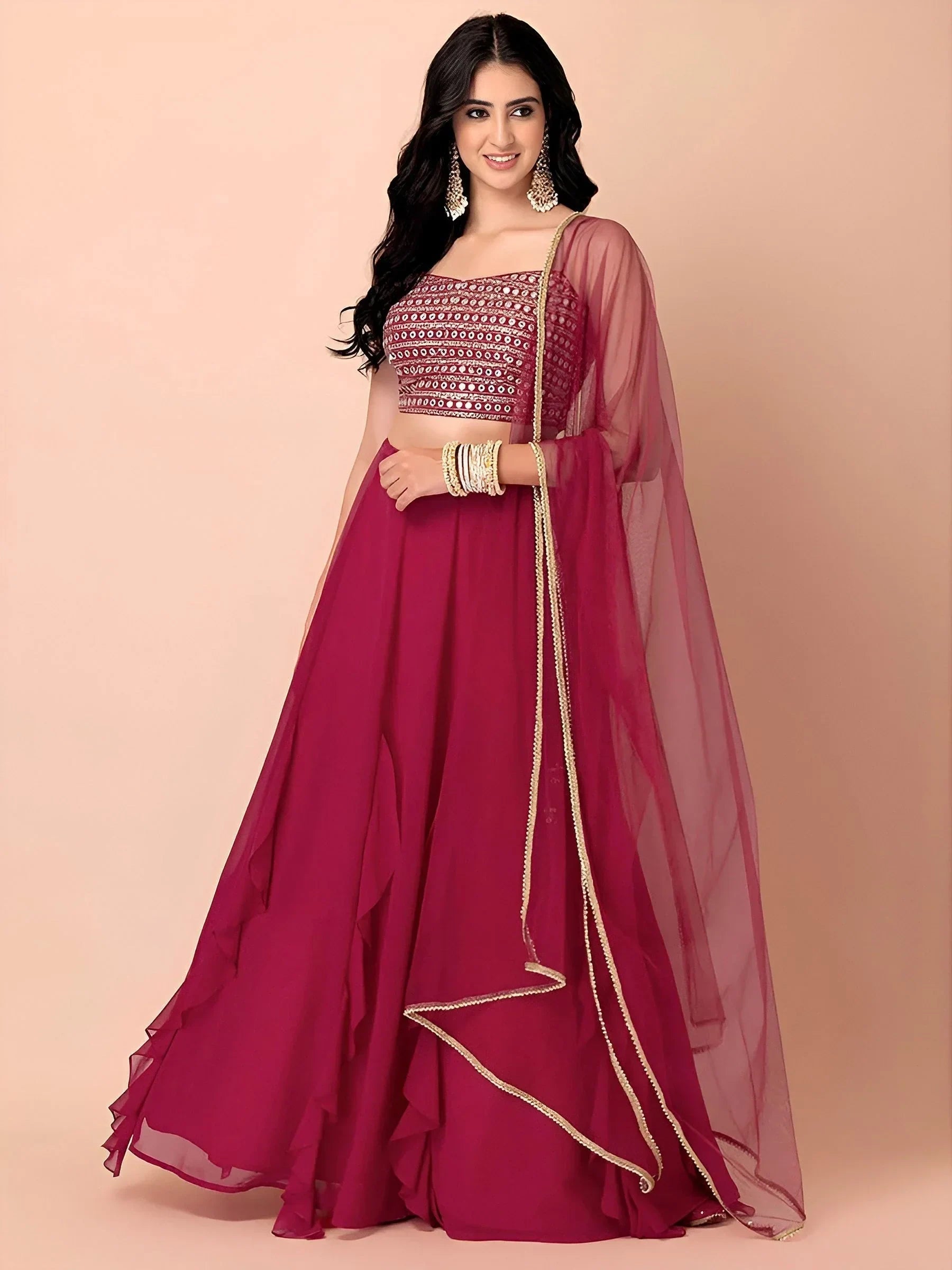 Pink Beautiful Georgette Mehendi Wear Lehenga With Sequins Choli