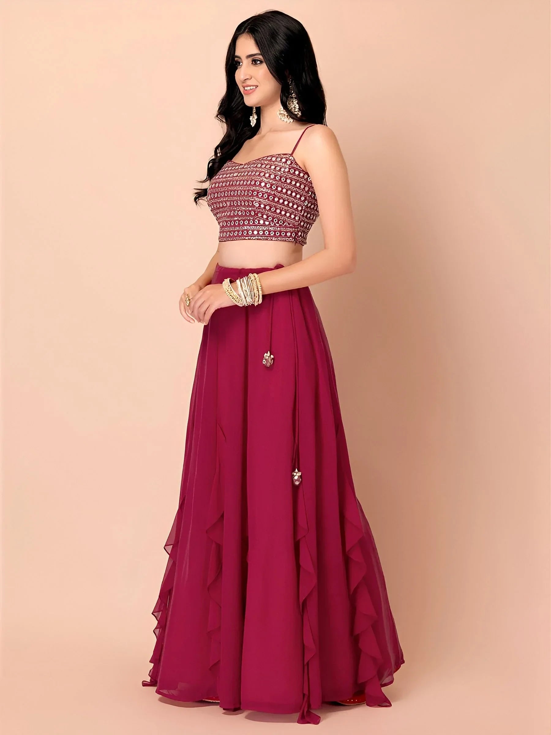 Pink Beautiful Georgette Mehendi Wear Lehenga With Sequins Choli