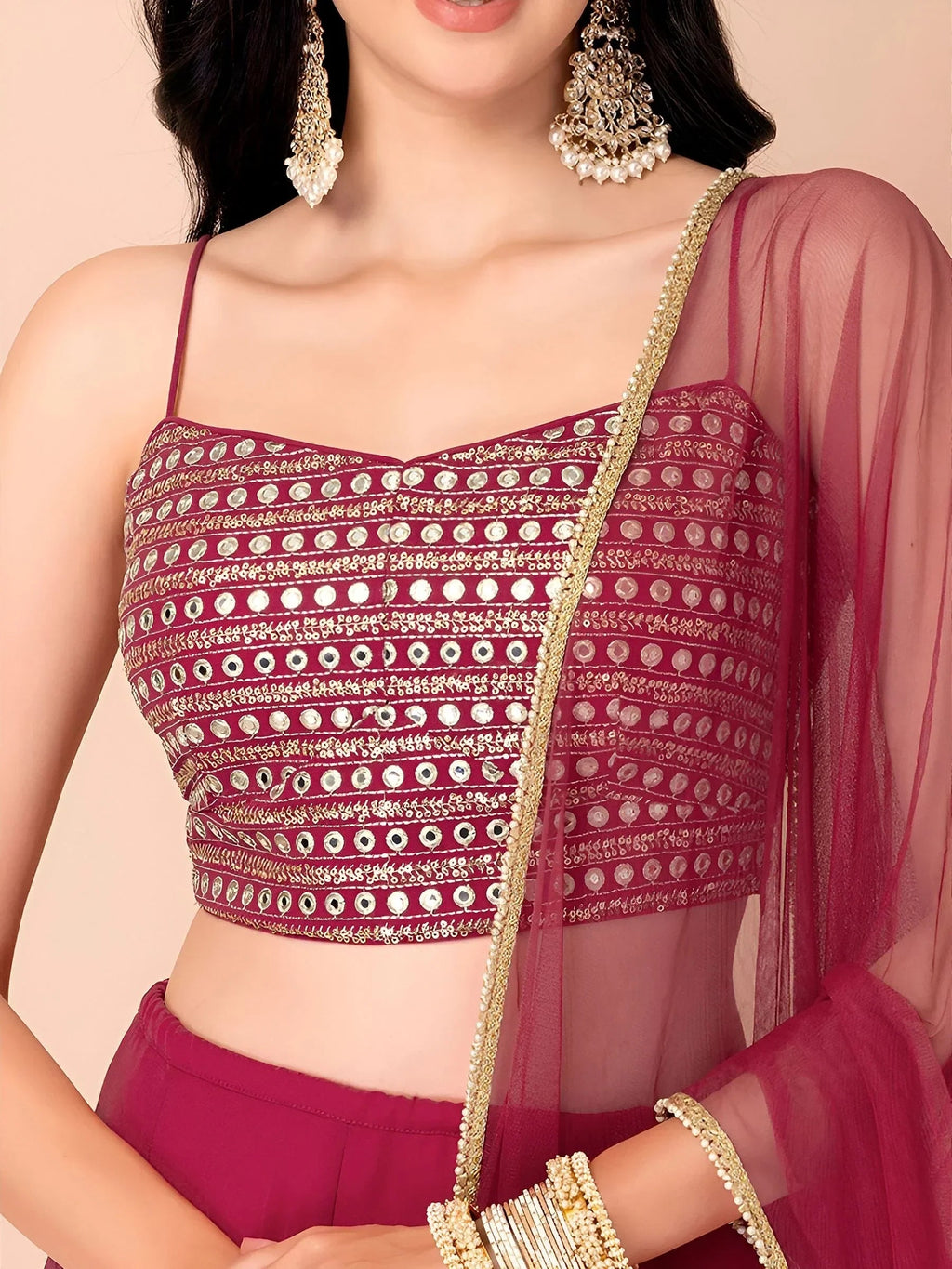 Pink Beautiful Georgette Mehendi Wear Lehenga With Sequins Choli