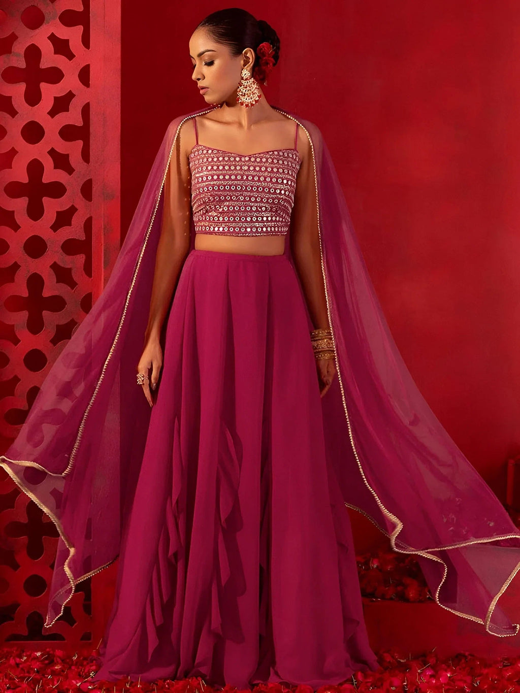 Pink Beautiful Georgette Mehendi Wear Lehenga With Sequins Choli