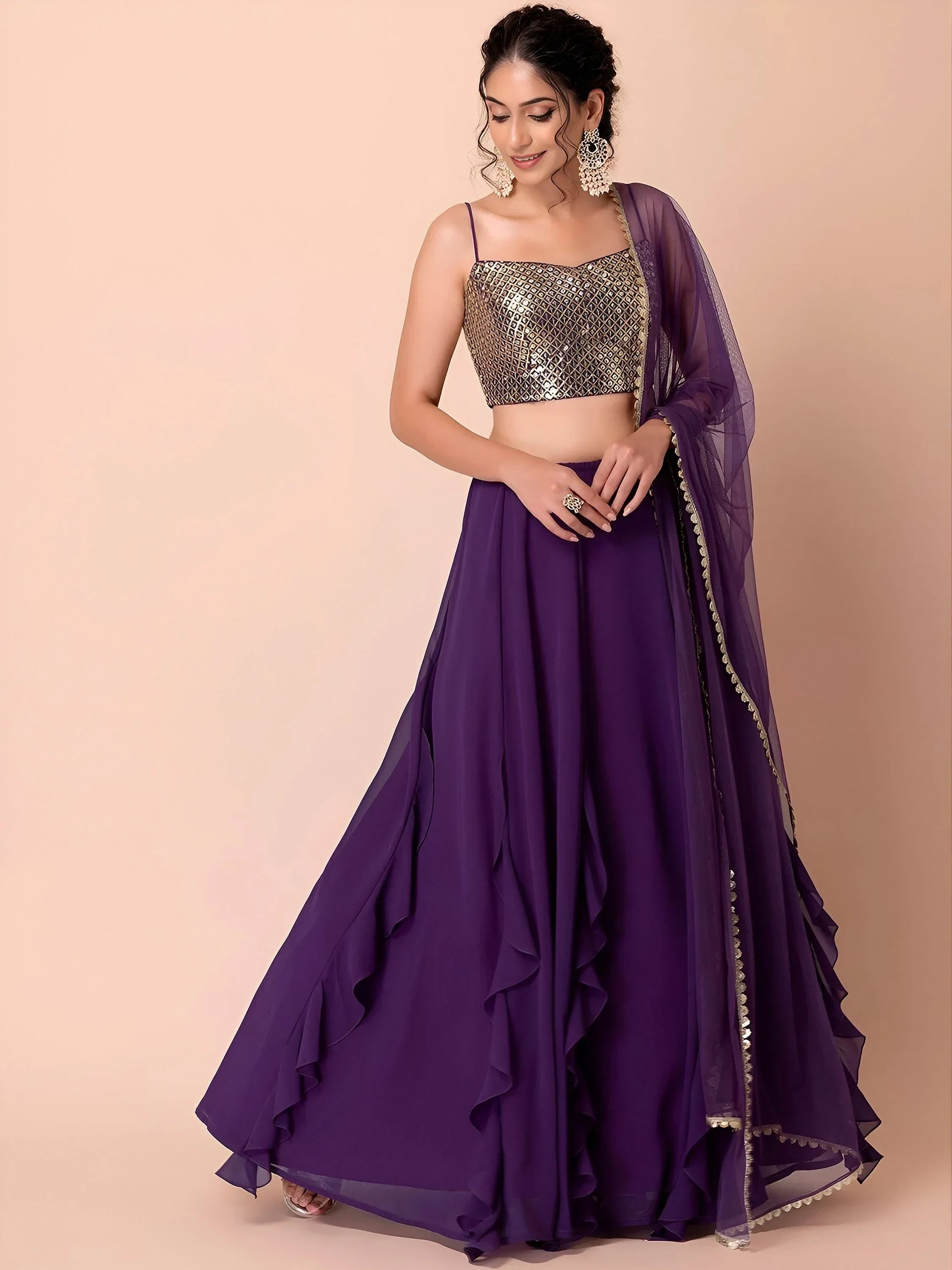 Purple Beautiful Georgette Mehendi Wear Lehenga With Sequins Choli