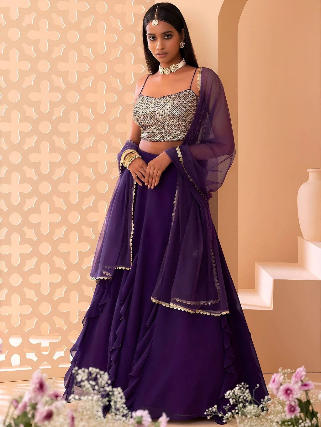 Purple Beautiful Georgette Mehendi Wear Lehenga With Sequins Choli