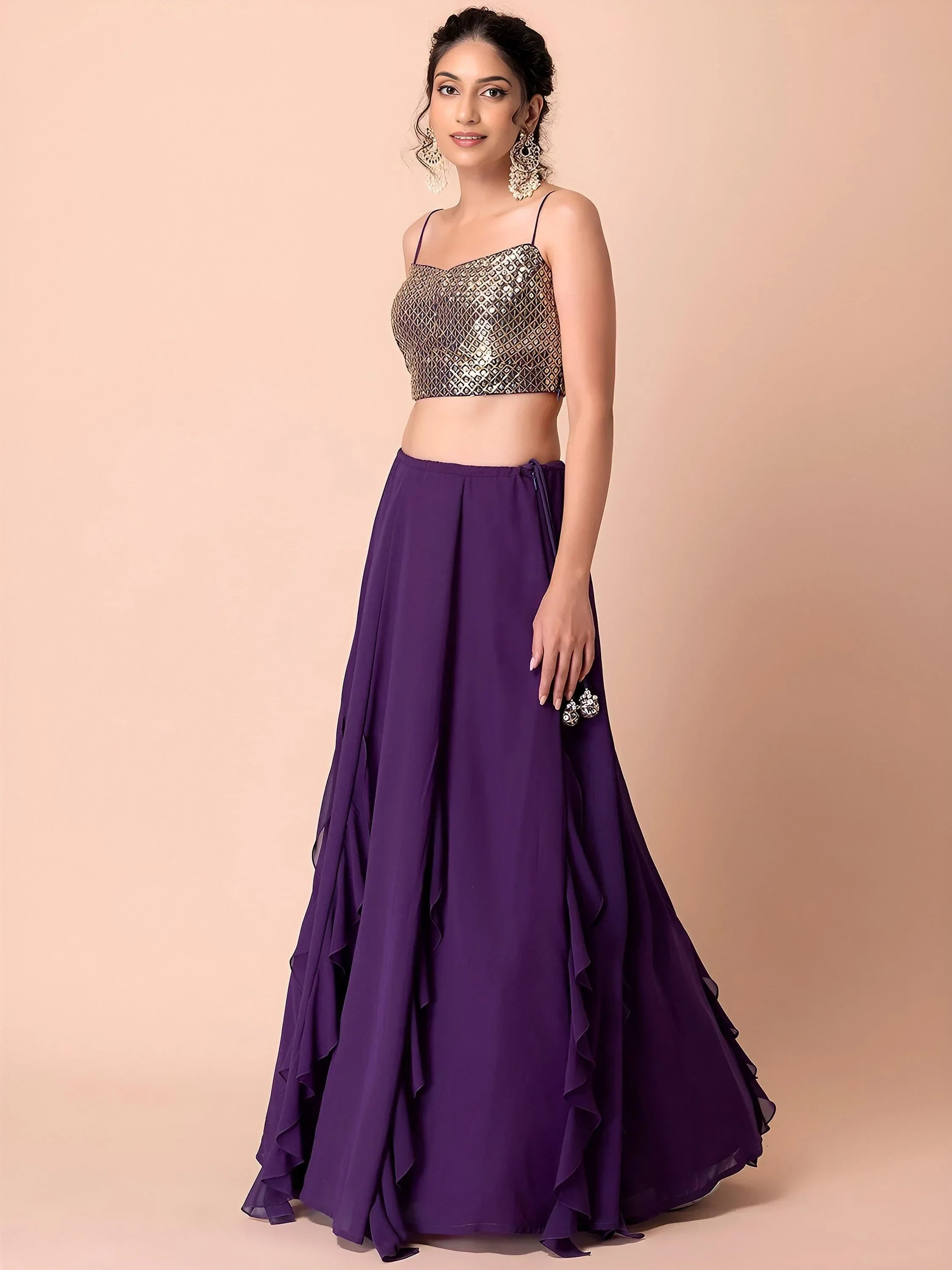 Purple Beautiful Georgette Mehendi Wear Lehenga With Sequins Choli