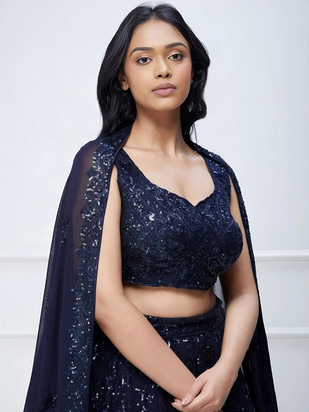 Amazing Navy Blue Sequins Georgette Reception Wear Lehenga Choli