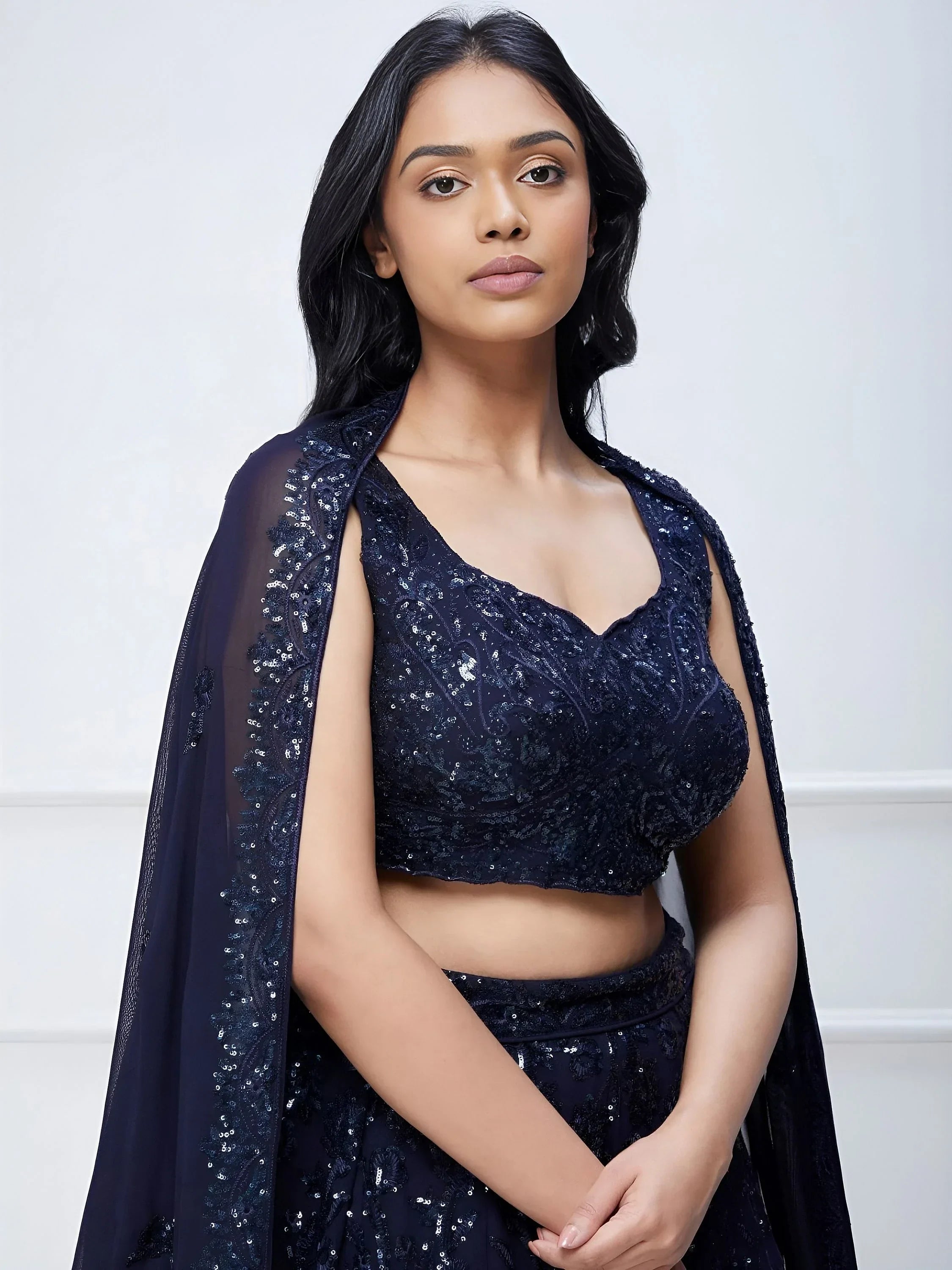 Amazing Navy Blue Sequins Georgette Reception Wear Lehenga Choli