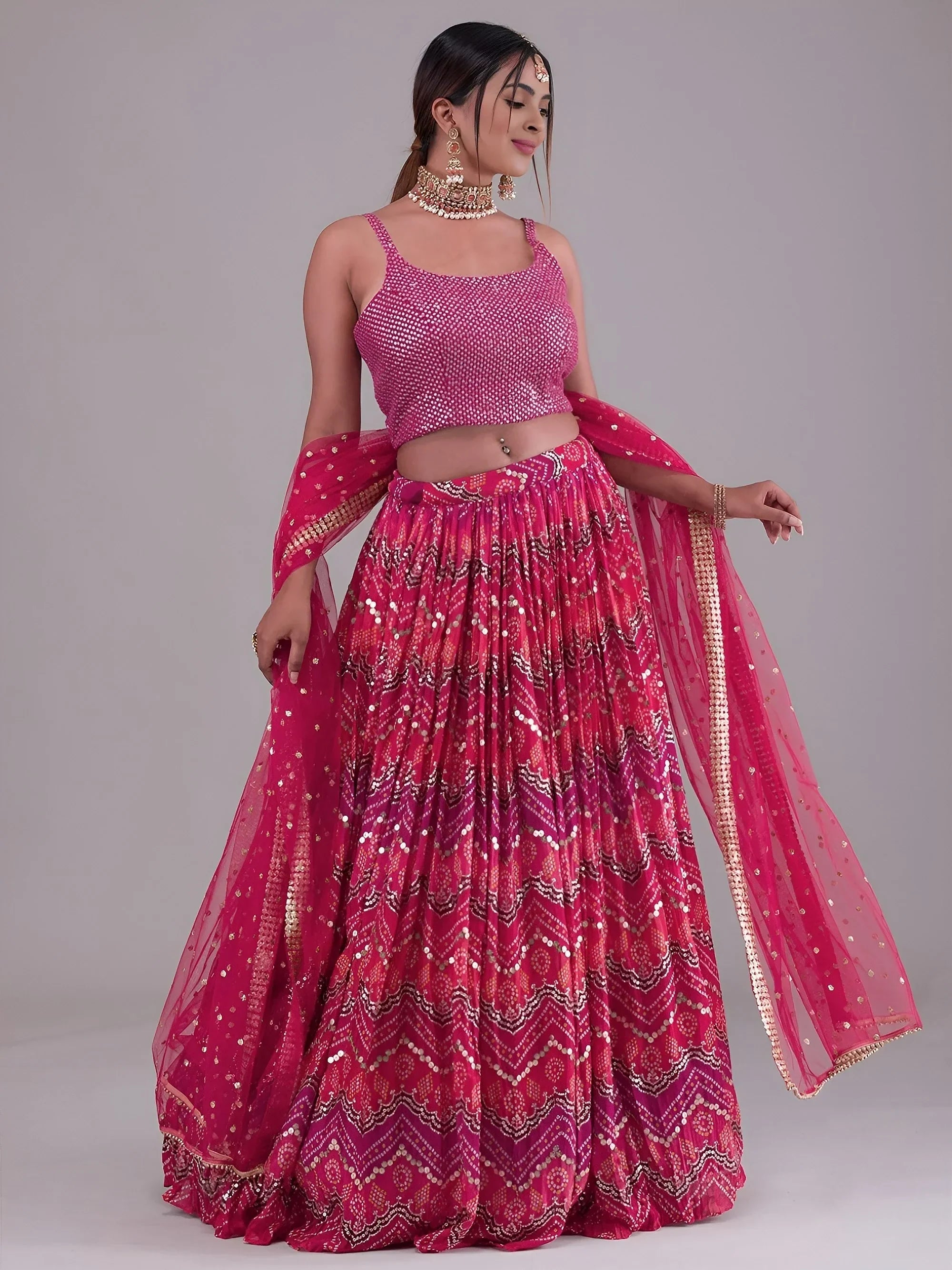 Pink Glamorous Digital Printed Georgette Wedding Wear Lehenga Choli
