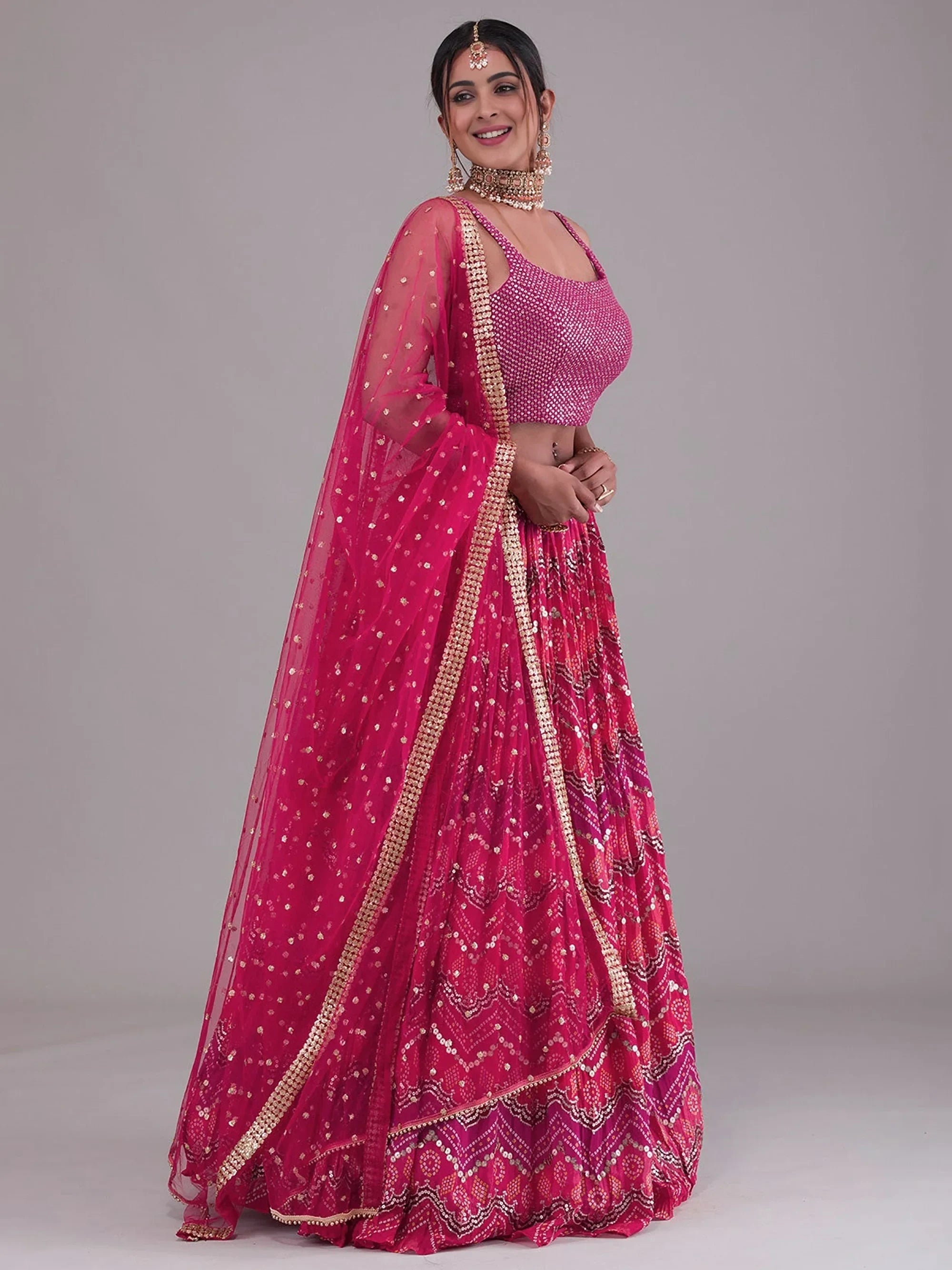Pink Glamorous Digital Printed Georgette Wedding Wear Lehenga Choli