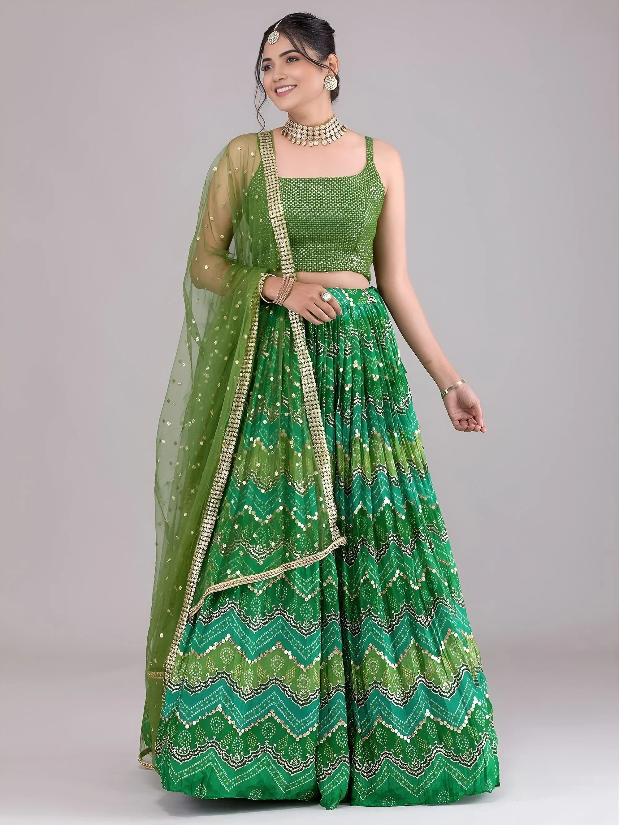 Green Glamorous Digital Printed Georgette Wedding Wear Lehenga Choli