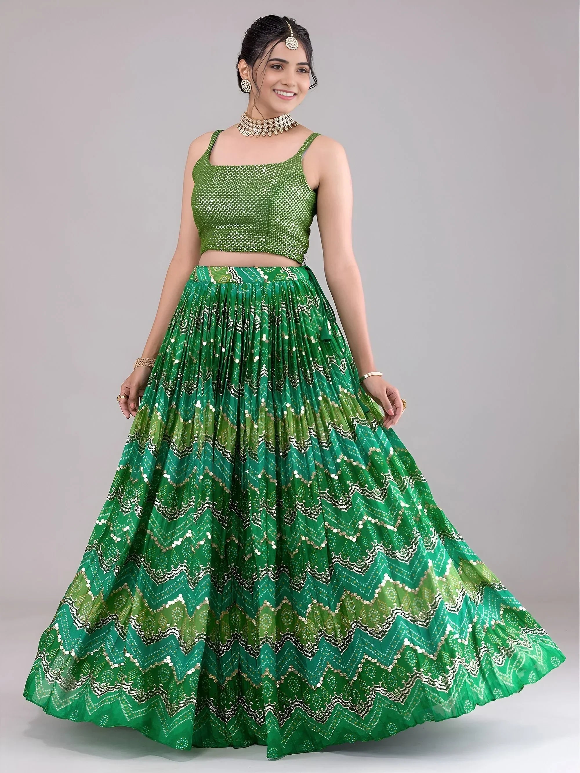 Green Glamorous Digital Printed Georgette Wedding Wear Lehenga Choli