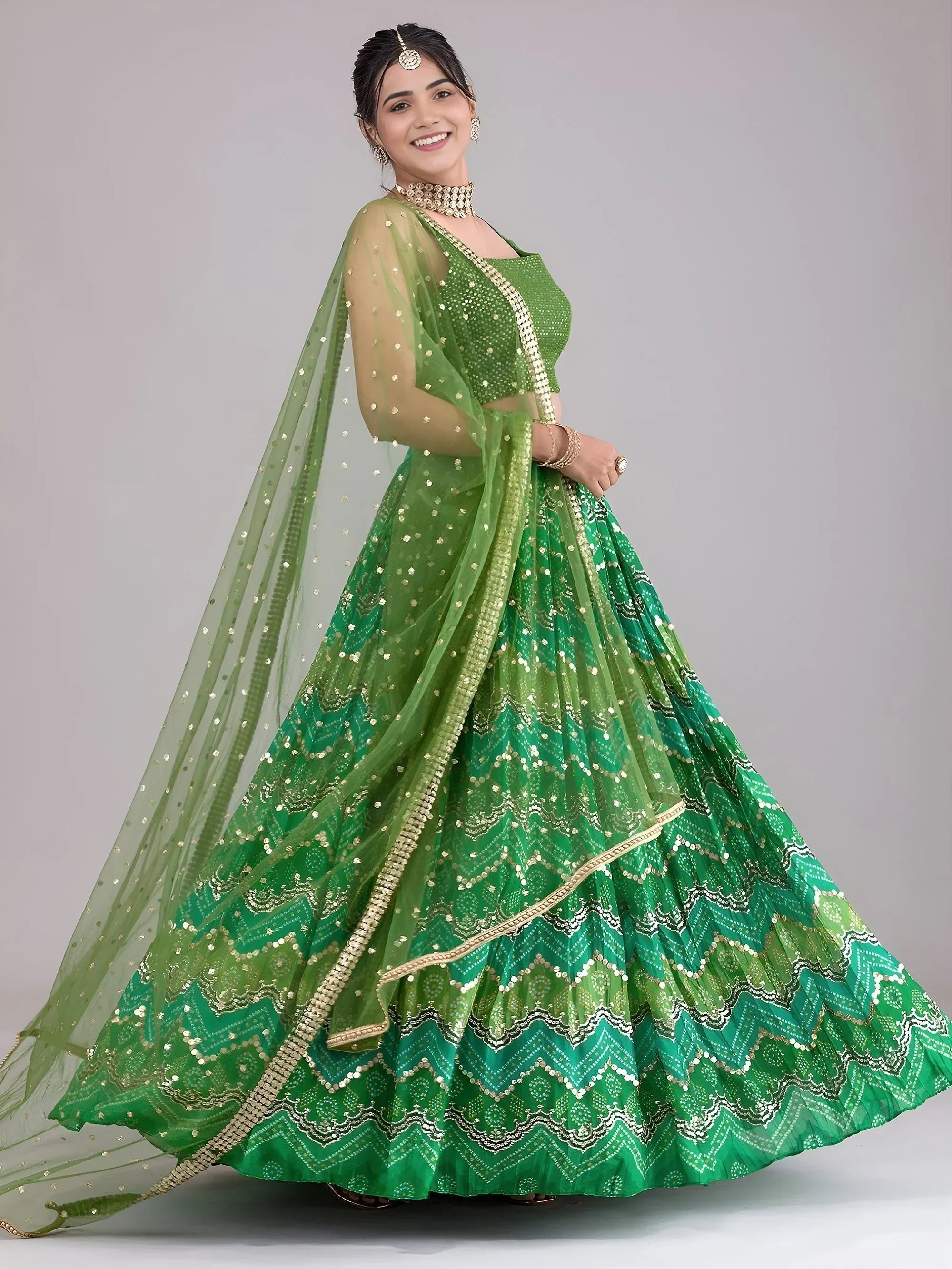 Green Glamorous Digital Printed Georgette Wedding Wear Lehenga Choli