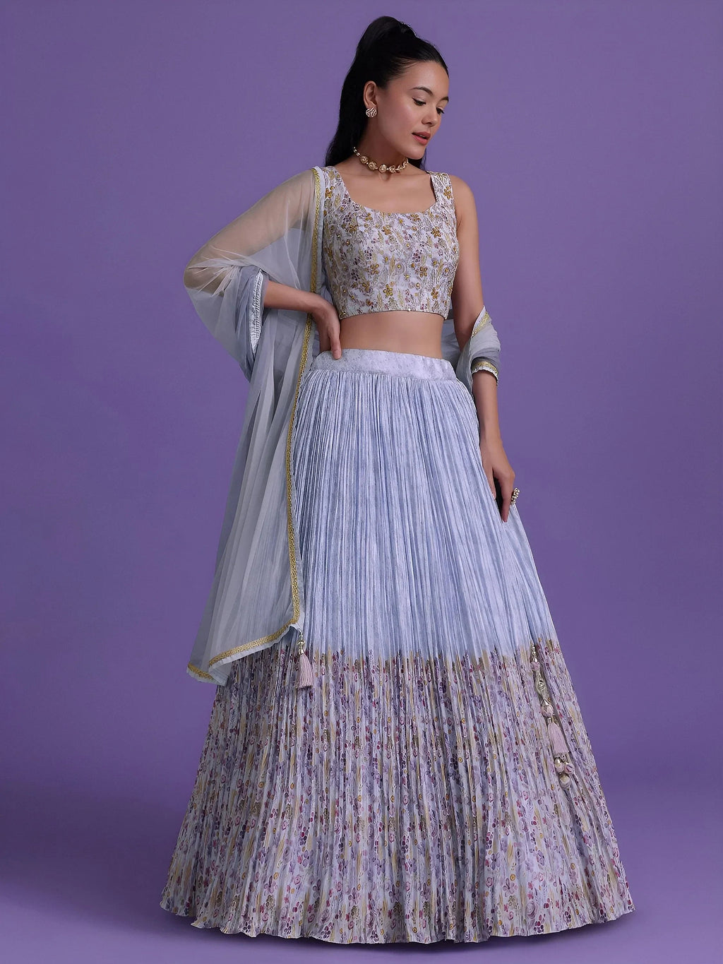 Blue Delightful Floral Printed Georgette Festival Wear Lehenga Choli