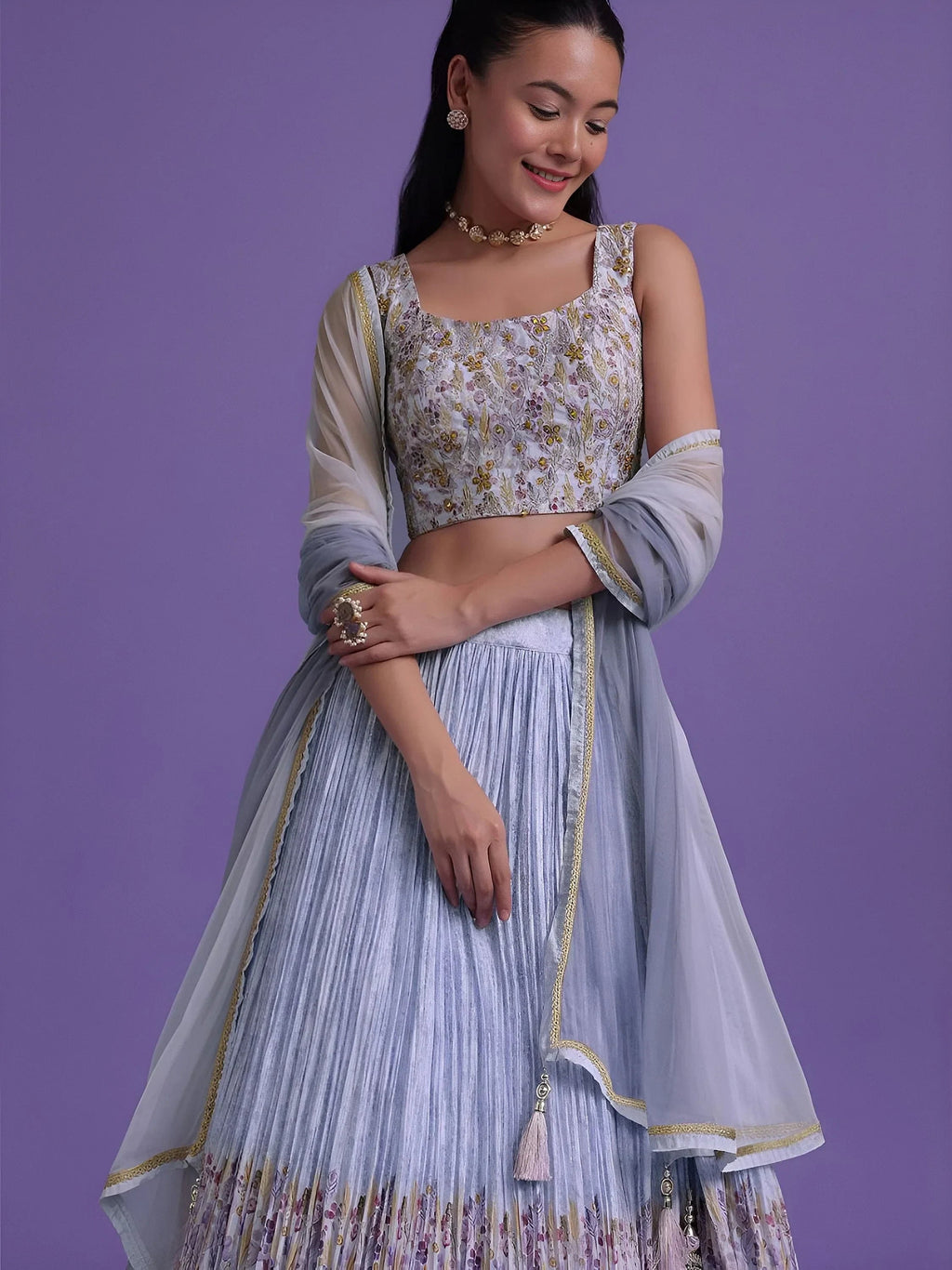 Blue Delightful Floral Printed Georgette Festival Wear Lehenga Choli