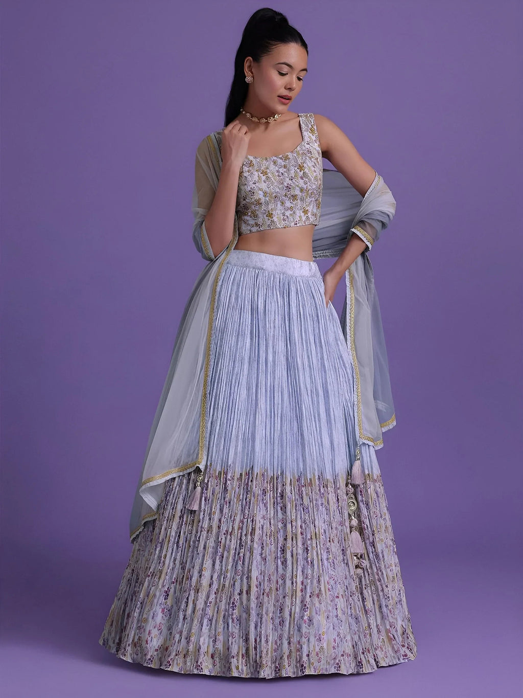 Blue Delightful Floral Printed Georgette Festival Wear Lehenga Choli
