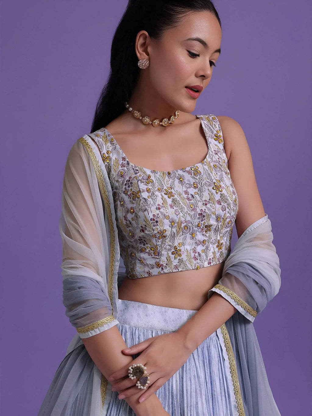 Blue Delightful Floral Printed Georgette Festival Wear Lehenga Choli