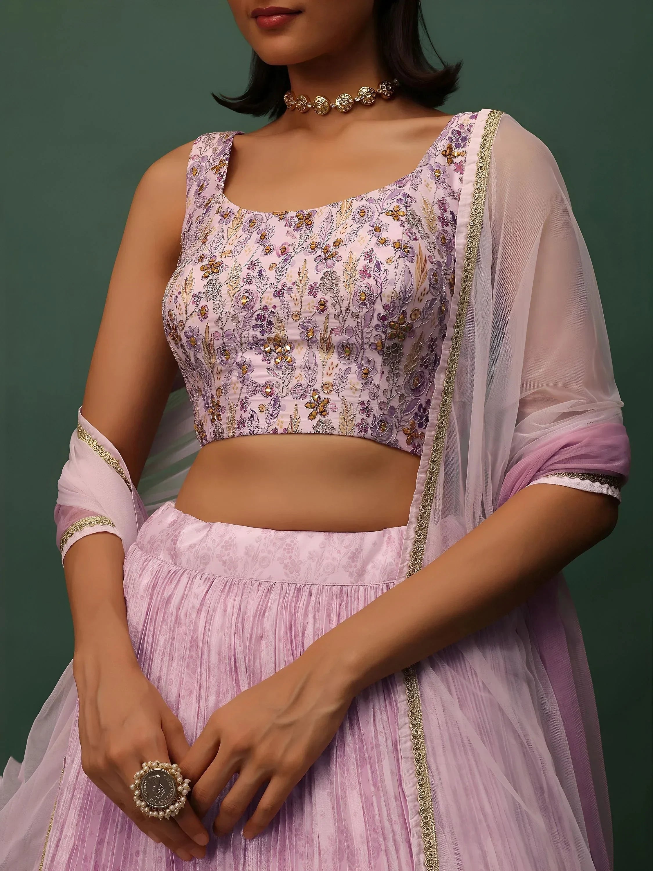 Pink Delightful Floral Printed Georgette Festival Wear Lehenga Choli