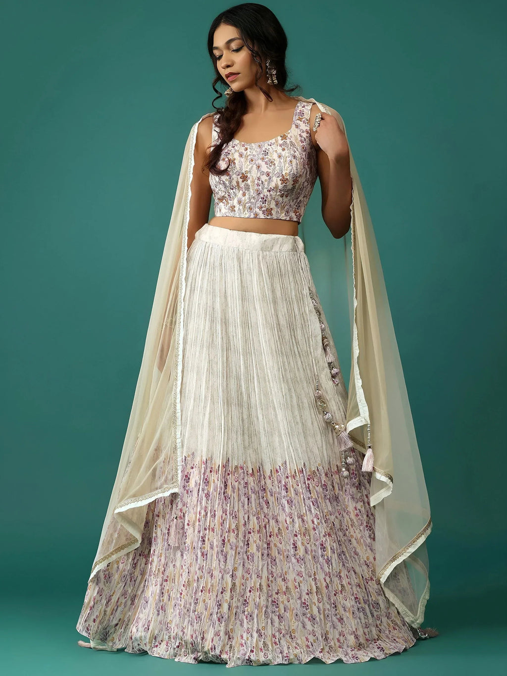 Off White Delightful Floral Printed Georgette Festival Wear Lehenga Choli