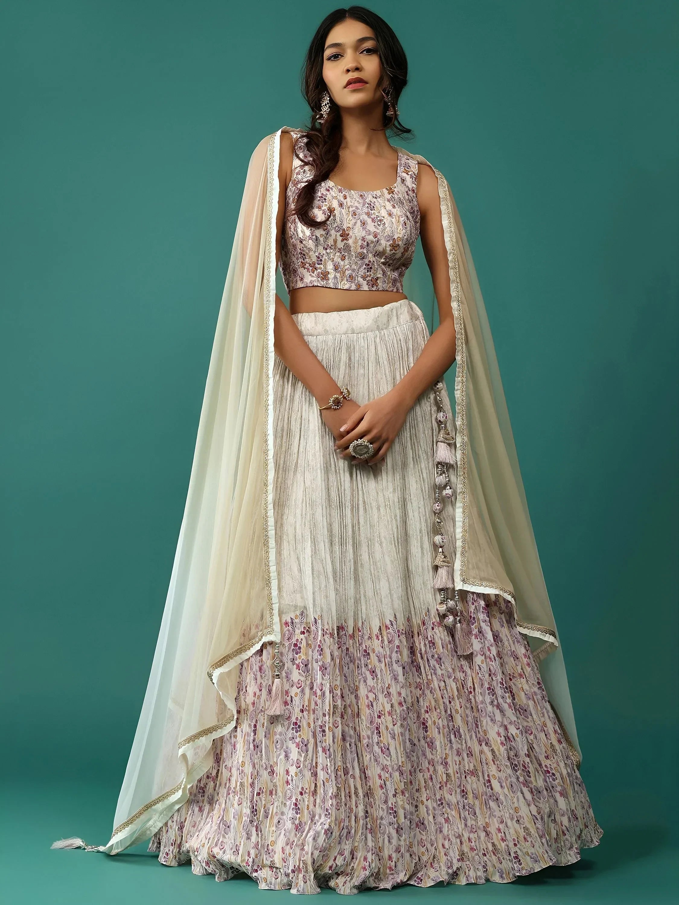 Off White Delightful Floral Printed Georgette Festival Wear Lehenga Choli