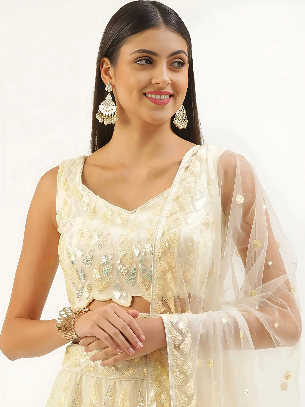 Beige Outstanding Sequins Net Lehenga Choli With Dupatta
