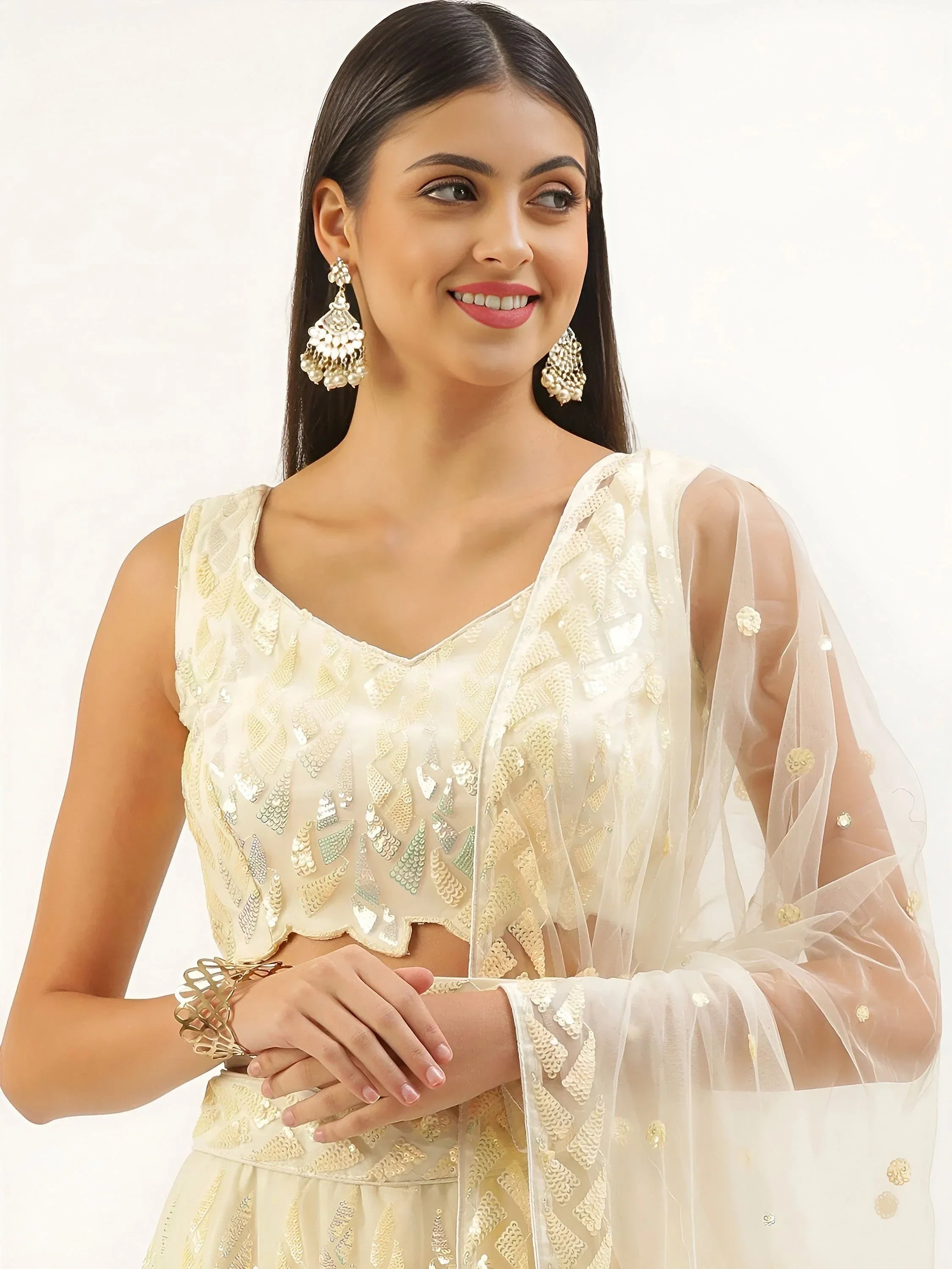Beige Outstanding Sequins Net Lehenga Choli With Dupatta