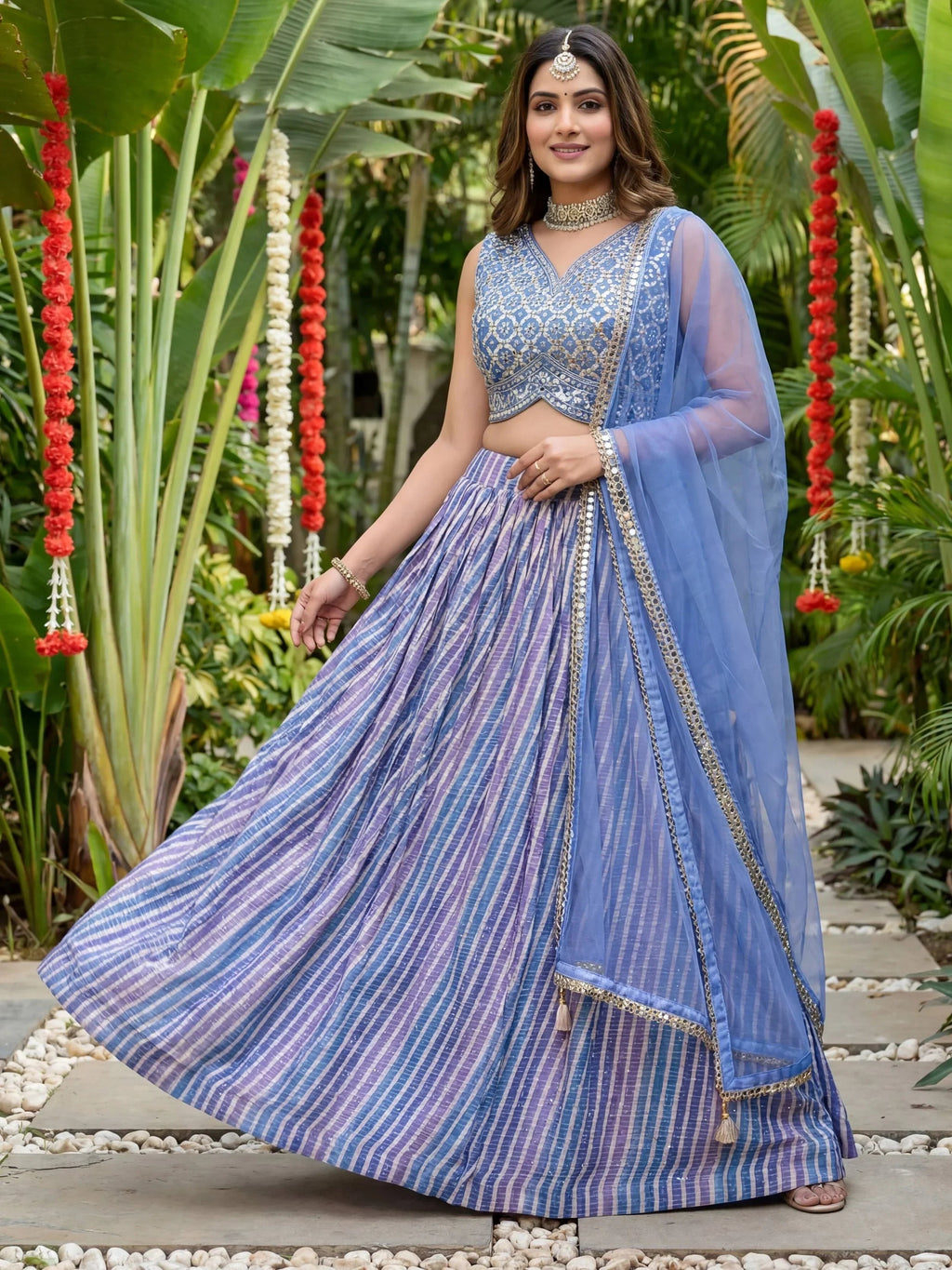 Classic Lavender Laheriya Printed Organza Wedding Wear Lehenga Choli