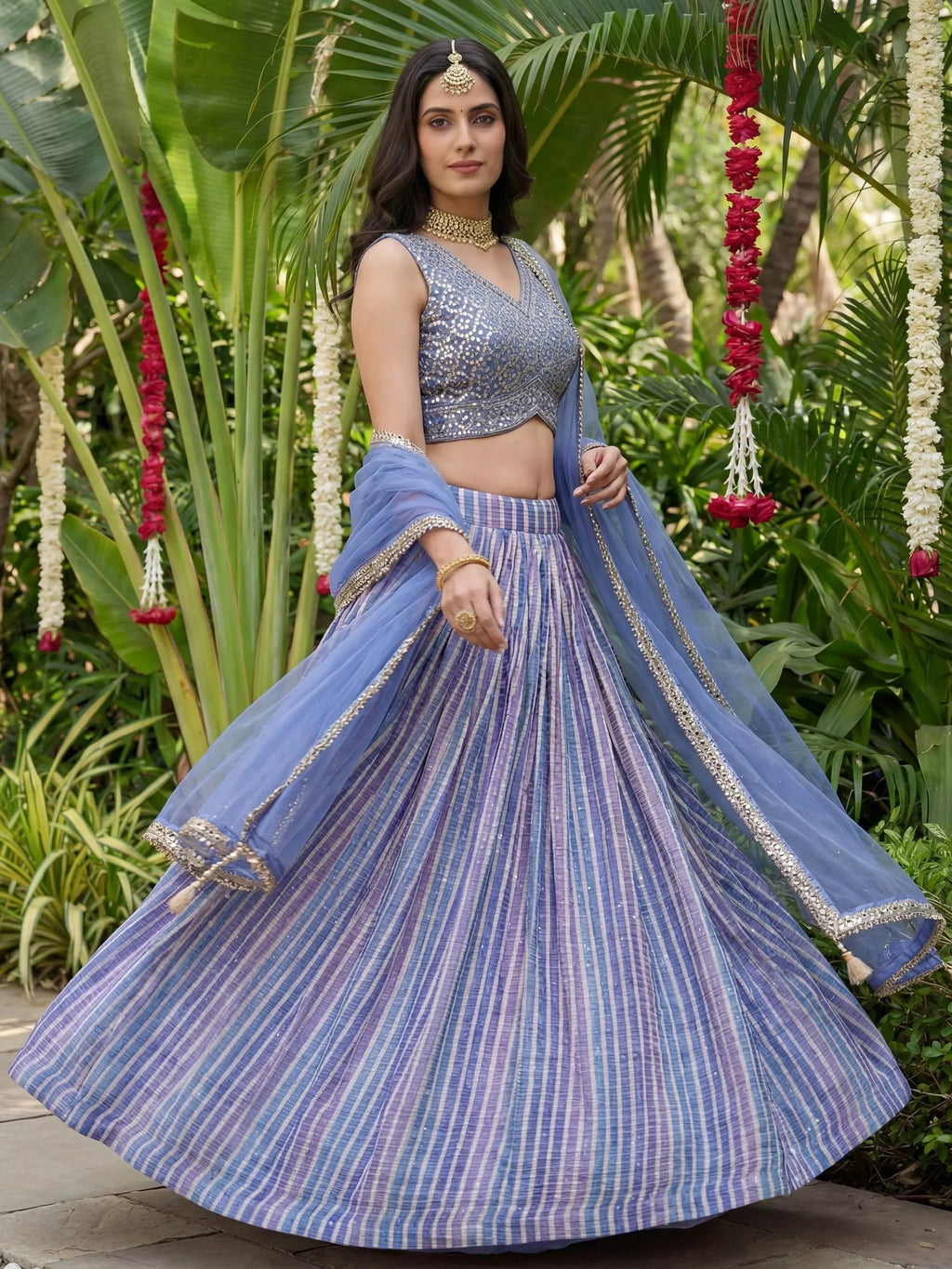 Classic Lavender Laheriya Printed Organza Wedding Wear Lehenga Choli